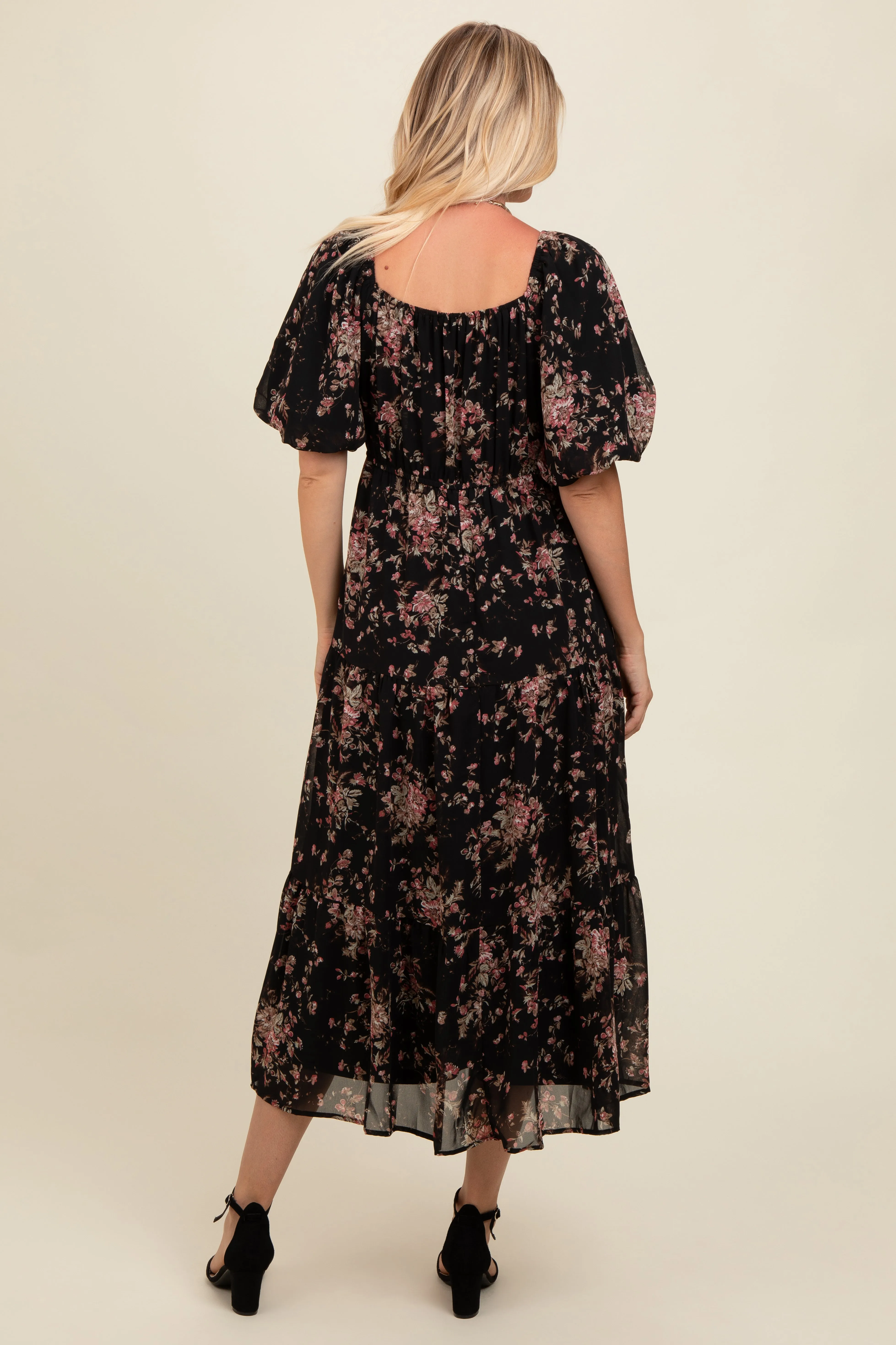 Black Floral Tiered Puff Sleeve Maxi Dress sold by Pinkblush product image thumbnail 4