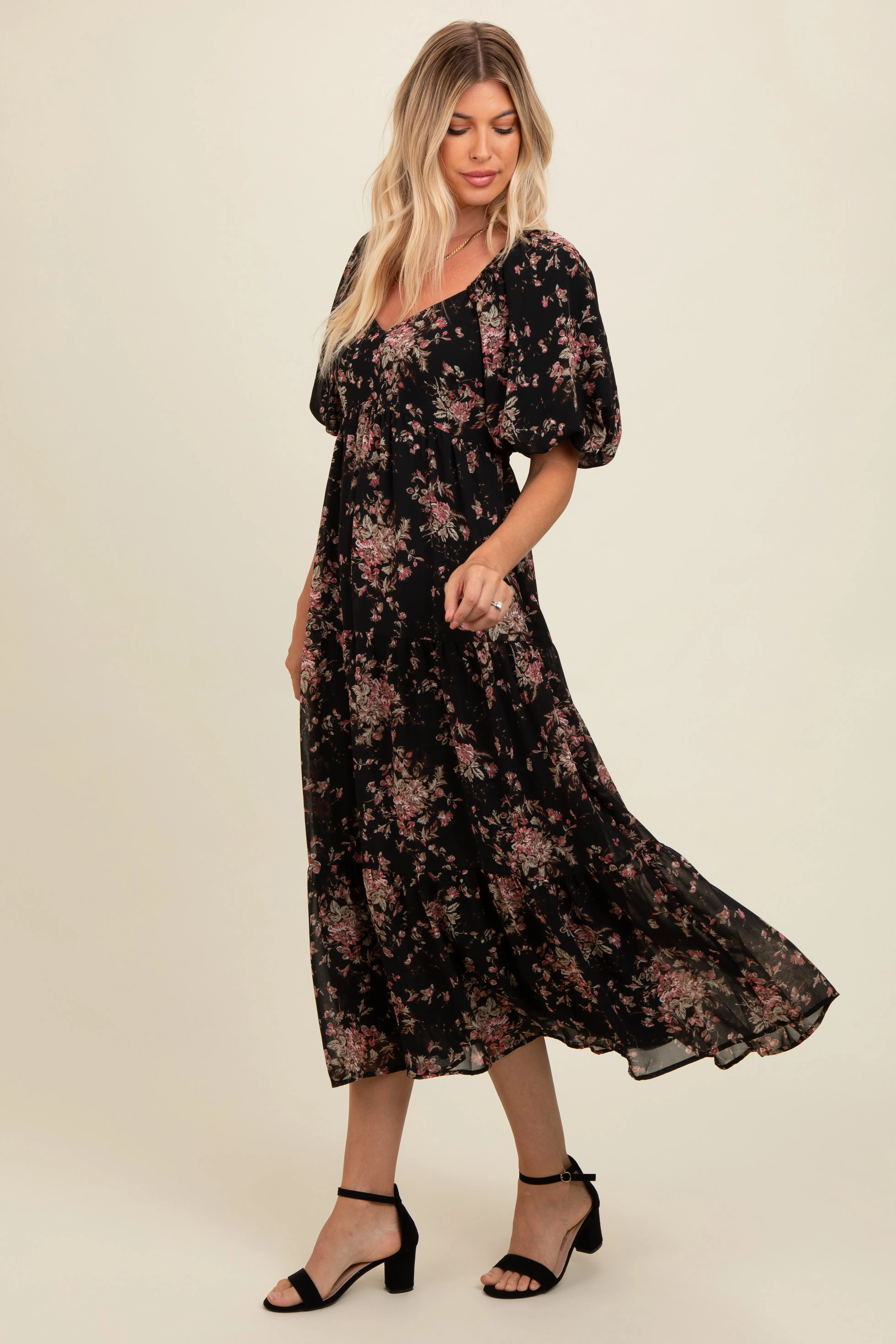 Black Floral Tiered Puff Sleeve Maxi Dress sold by Pinkblush