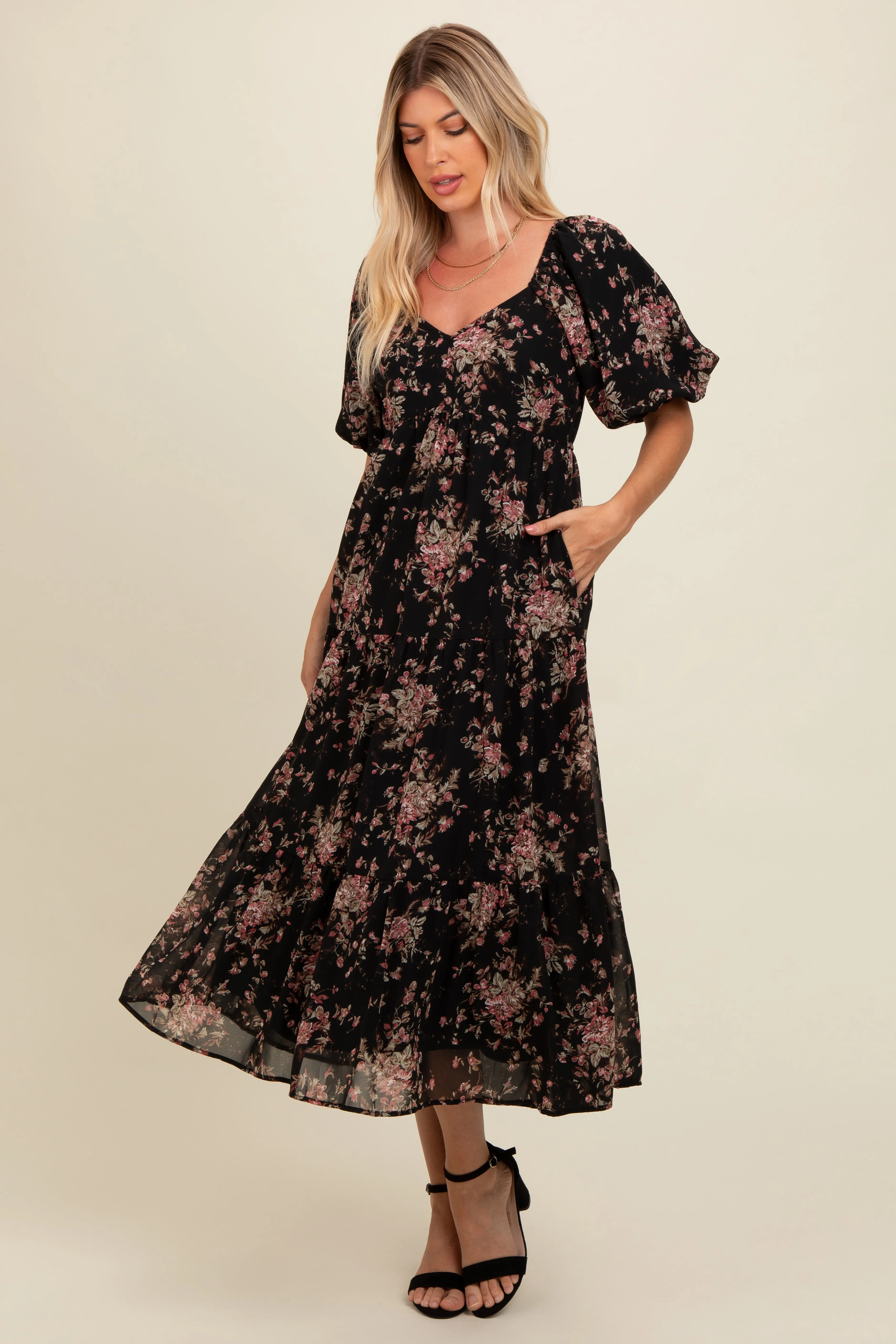 Black Floral Tiered Puff Sleeve Maxi Dress sold by Pinkblush product image thumbnail 2