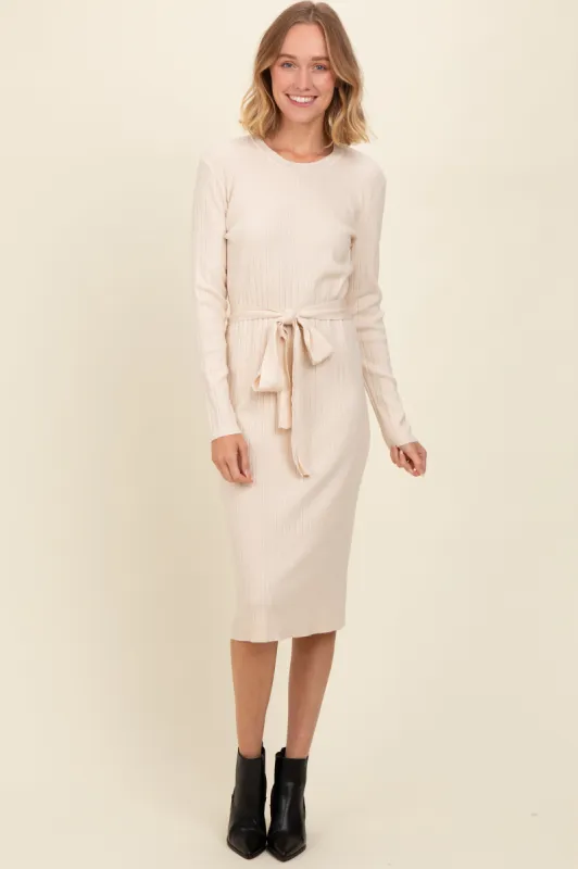 Cream Ribbed Sash Tie Midi Sweater Dress sold by Pinkblush