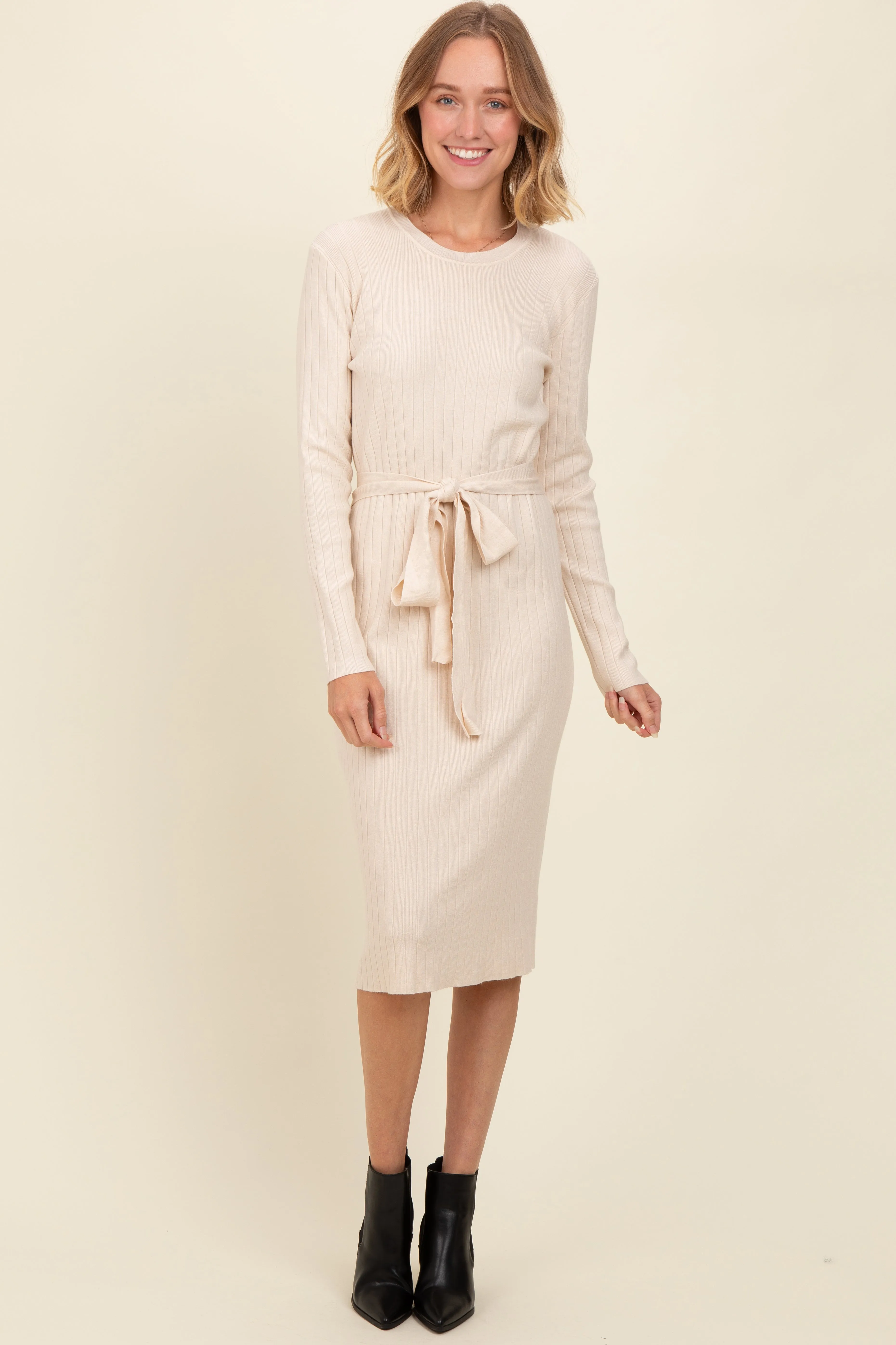 Cream Ribbed Sash Tie Midi Sweater Dress sold by Pinkblush
