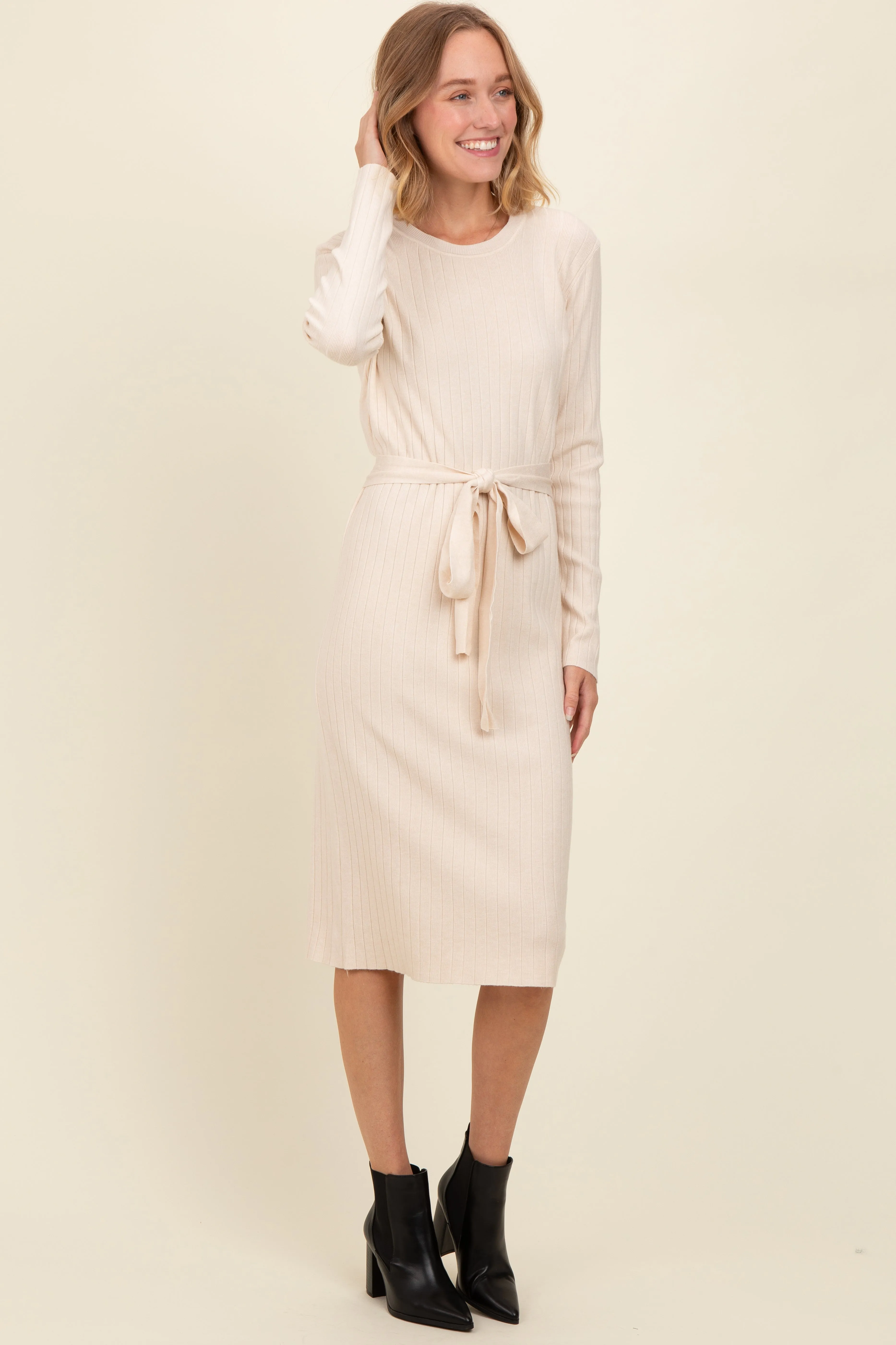Cream Ribbed Sash Tie Midi Sweater Dress sold by Pinkblush product image thumbnail 3