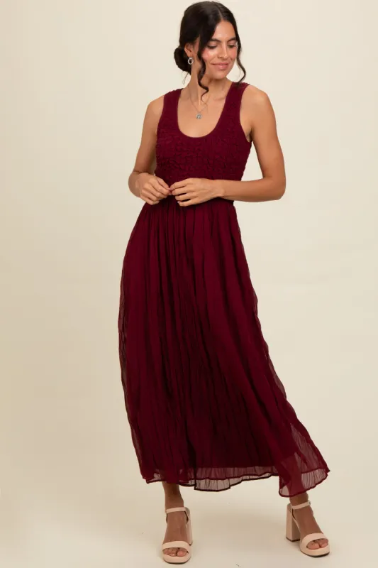 Burgundy Textured Smocked Bodice Sleeveless Maxi Dress sold by Pinkblush