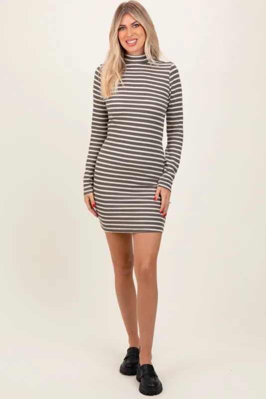 Olive Striped Mock Neck Long Sleeve Fitted Dress sold by Pinkblush