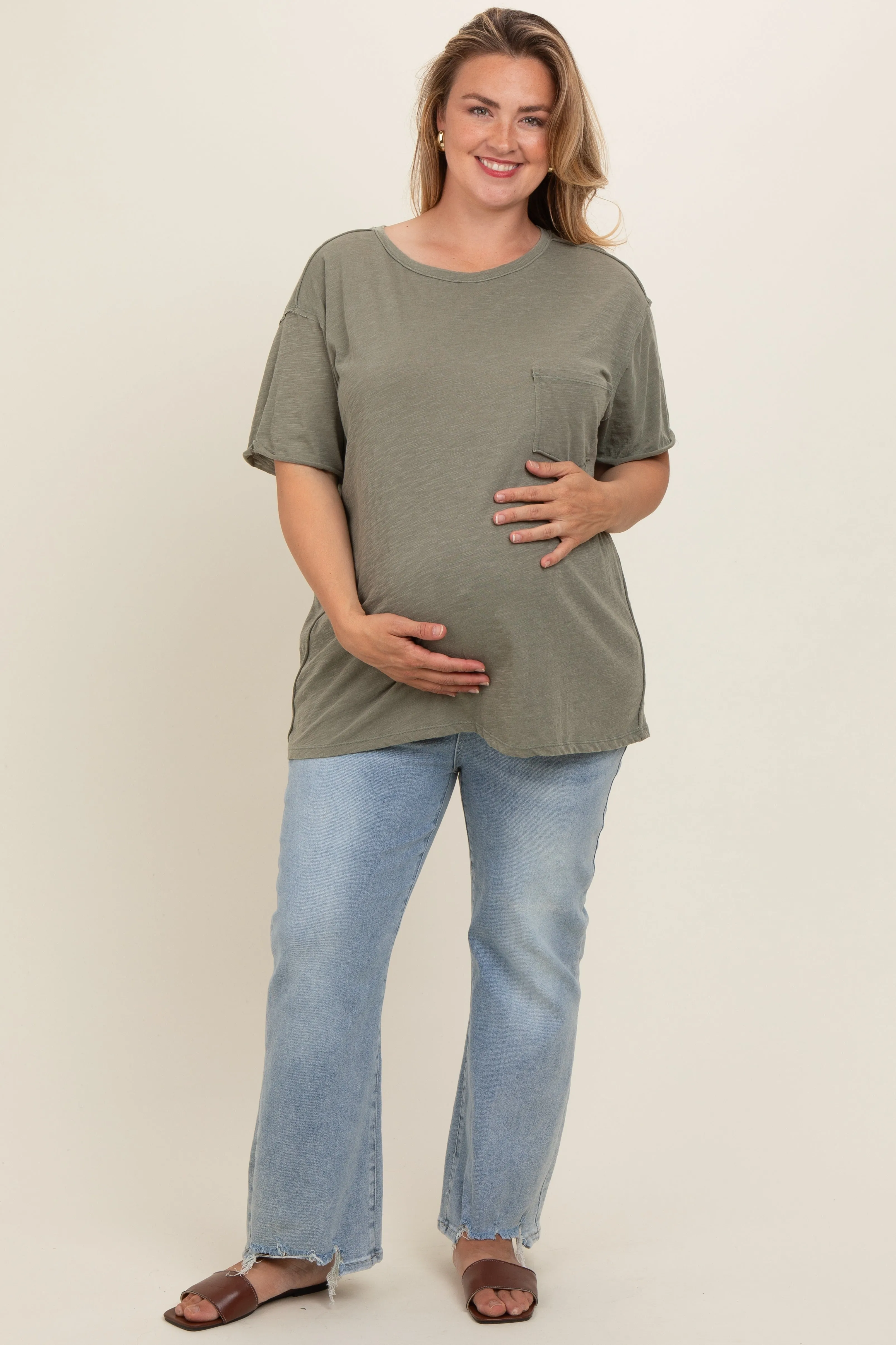 Light Blue Distressed Hem Maternity Plus Jeans sold by Pinkblush