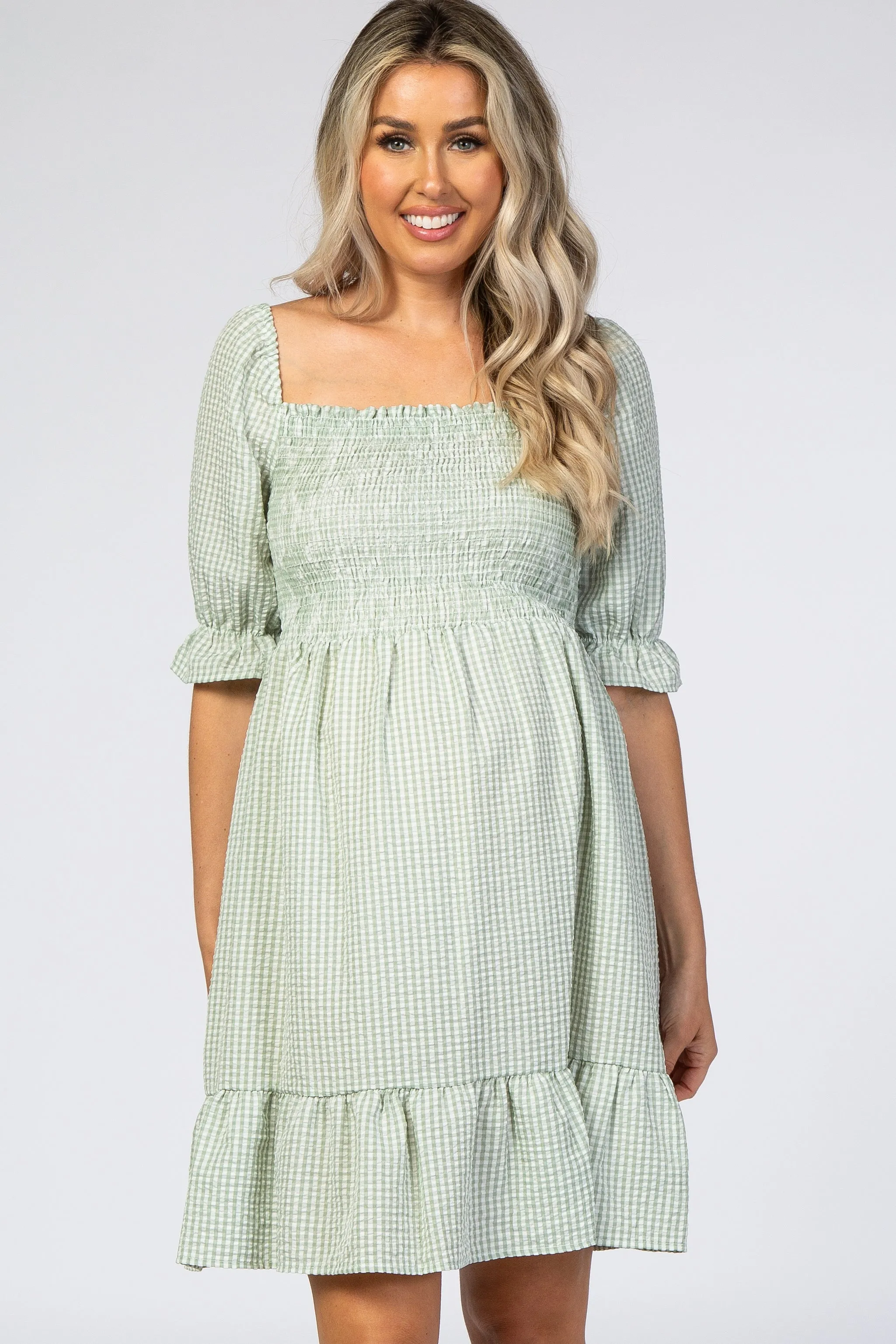 Mint Gingham Print Puff Sleeve Maternity Dress sold by Pinkblush product image thumbnail 4