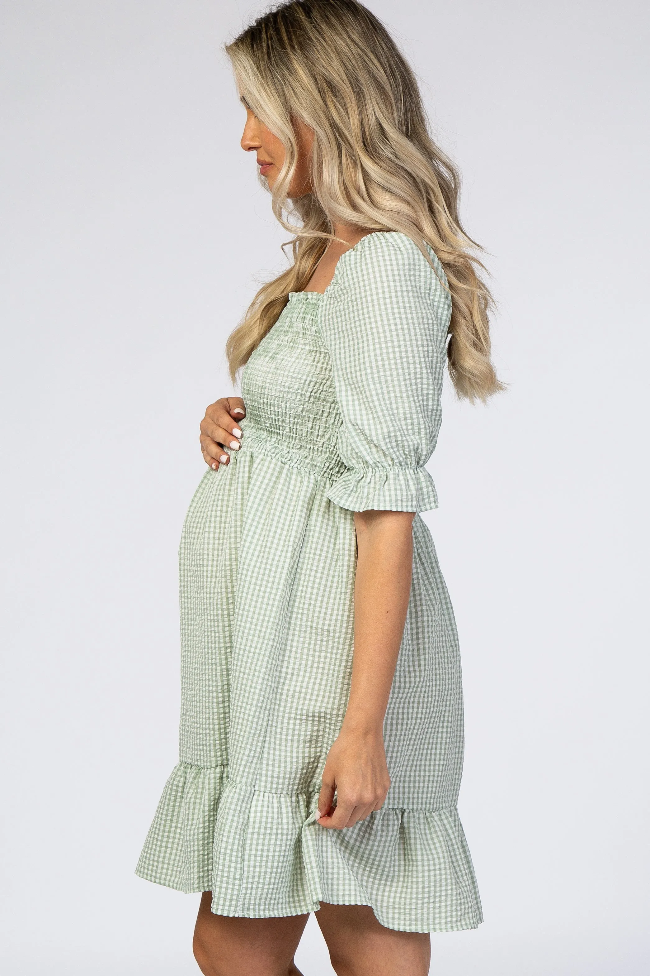 Mint Gingham Print Puff Sleeve Maternity Dress sold by Pinkblush product image thumbnail 2