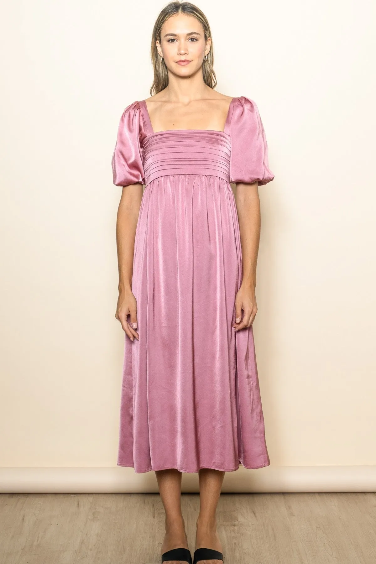 Mauve Satin Pleated Bodice Puff Sleeve Midi Dress sold by Pinkblush