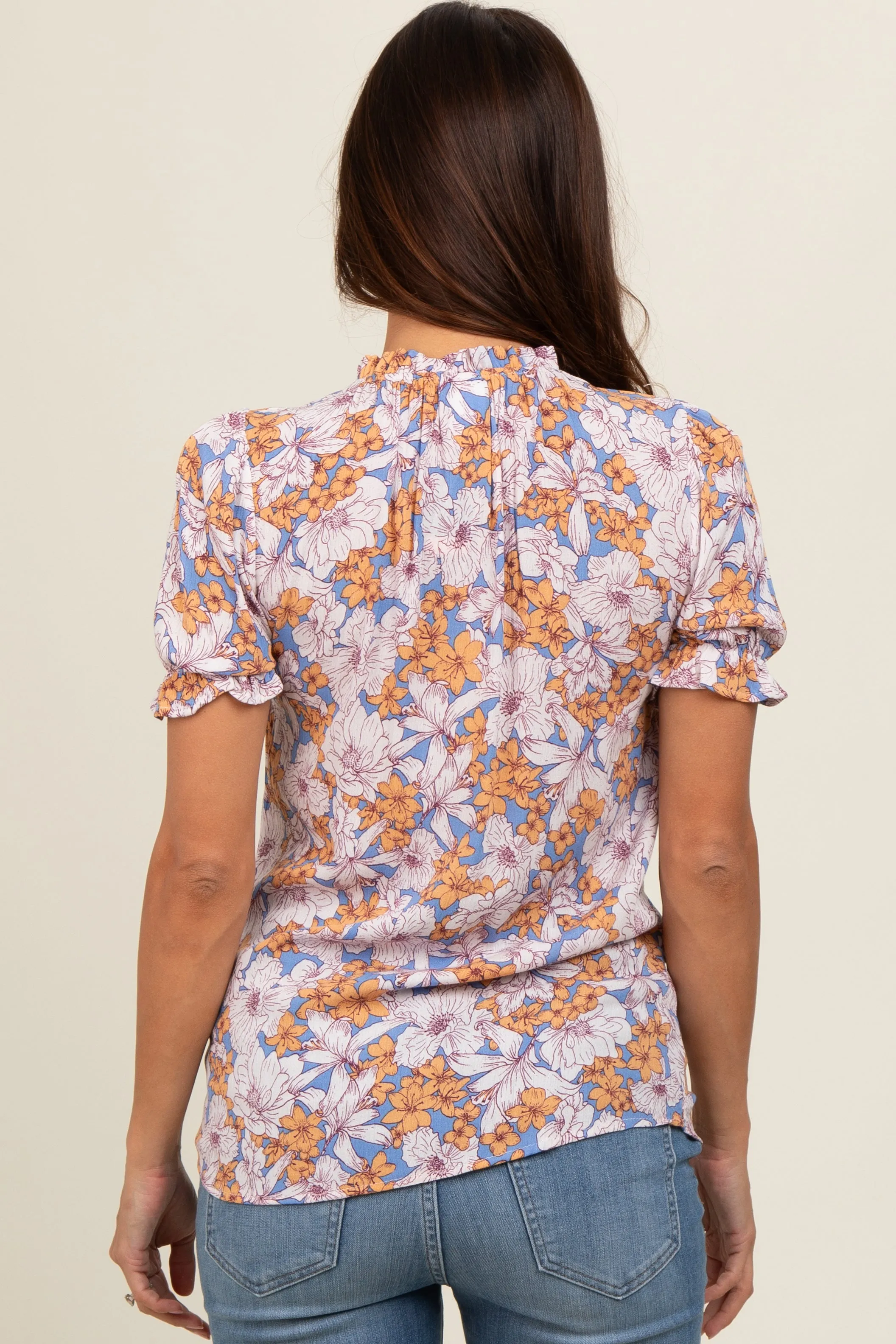 Blue Floral Ruffle Tie Maternity Blouse sold by Pinkblush product image thumbnail 4