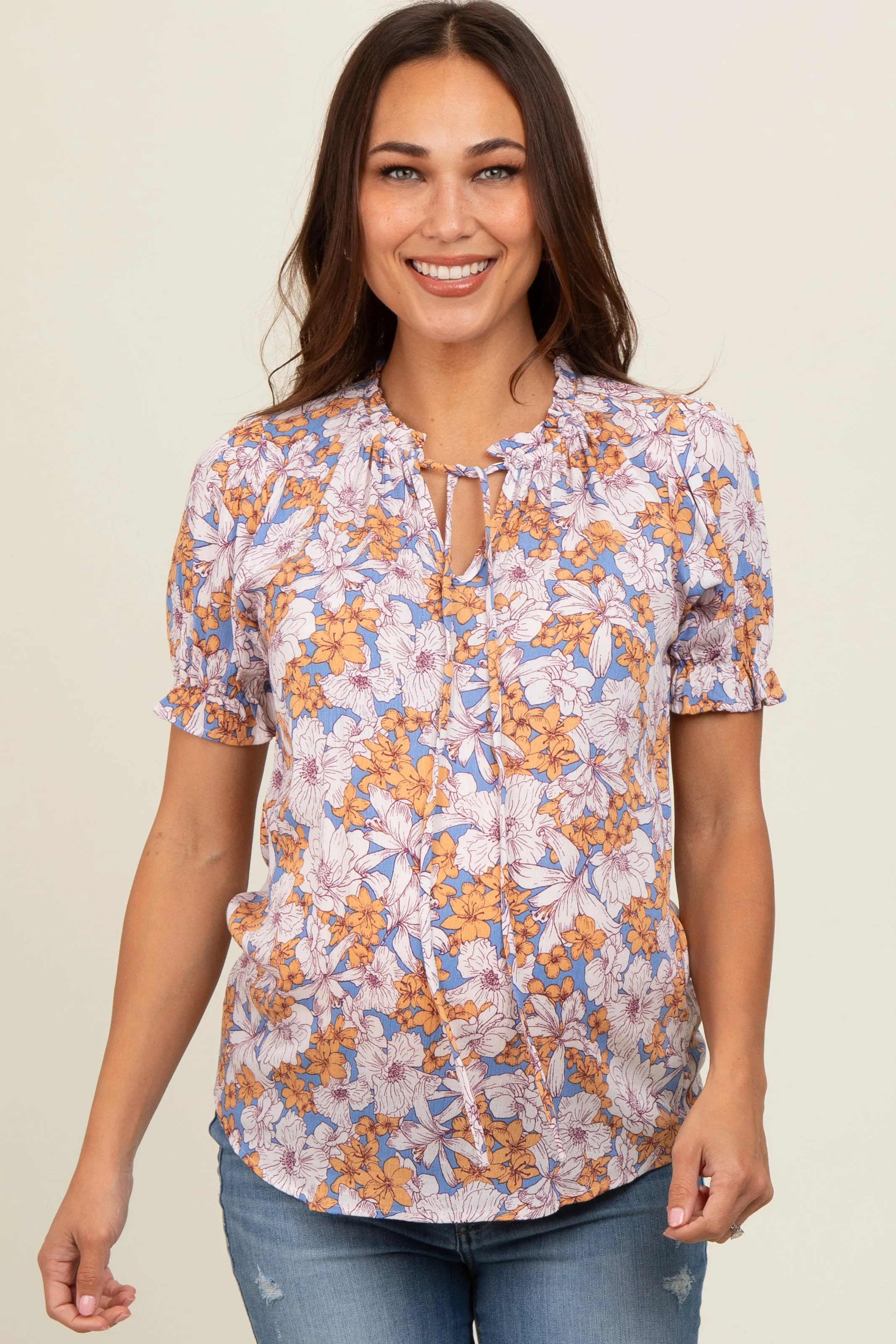 Blue Floral Ruffle Tie Maternity Blouse sold by Pinkblush