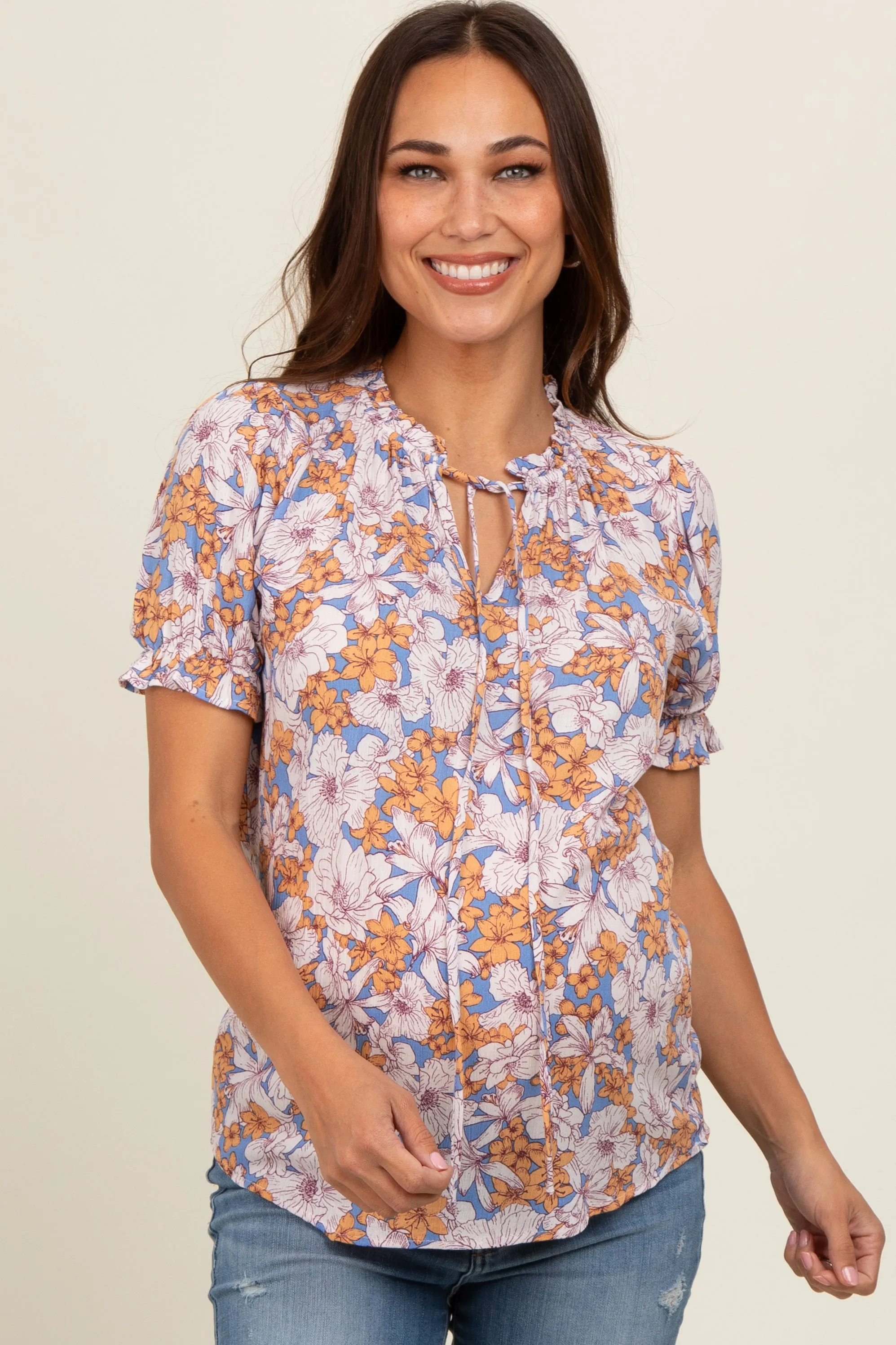 Blue Floral Ruffle Tie Maternity Blouse sold by Pinkblush product image thumbnail 2