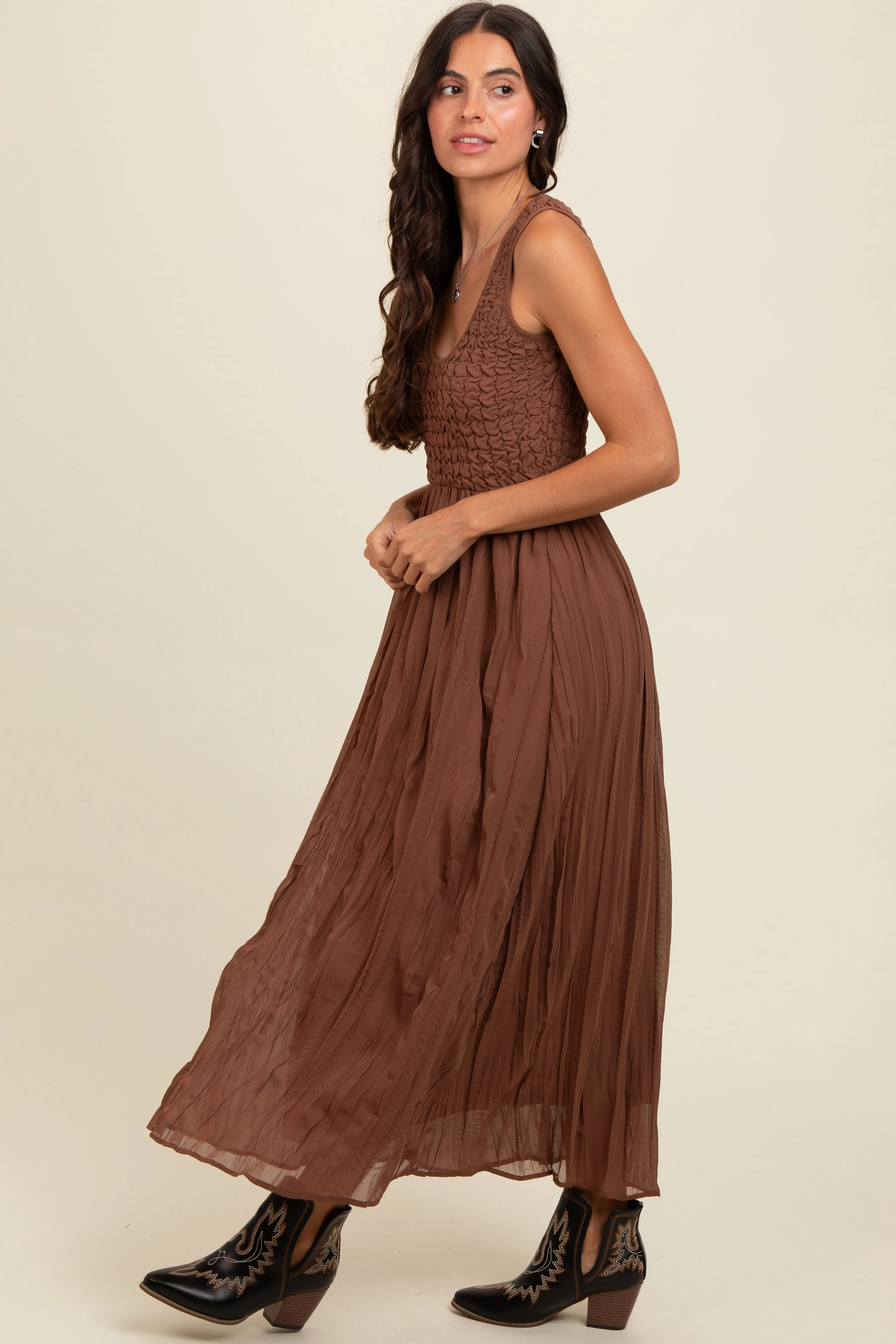 Mocha Textured Smocked Bodice Sleeveless Maxi Dress sold by Pinkblush product image thumbnail 2
