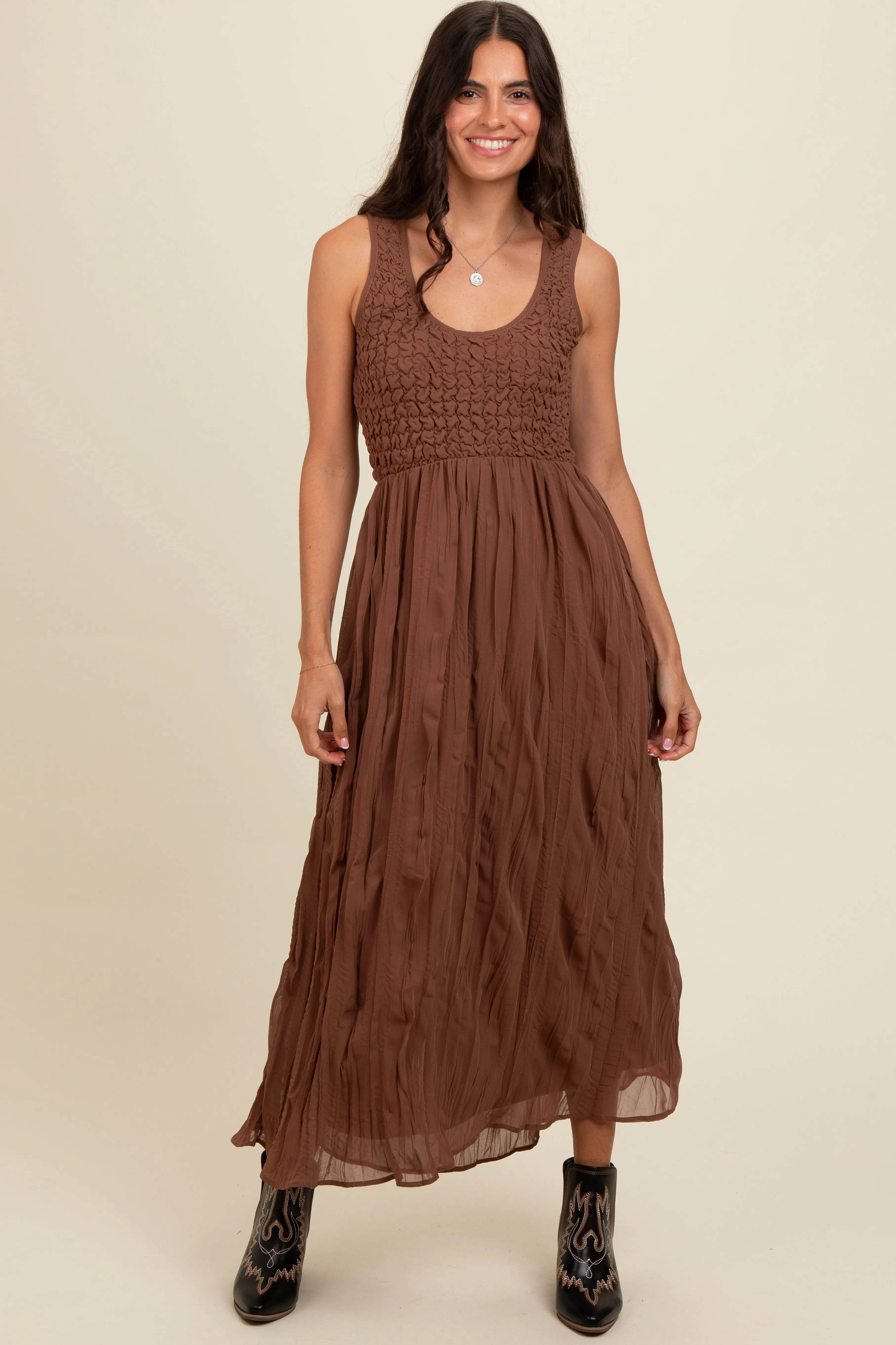 Mocha Textured Smocked Bodice Sleeveless Maxi Dress sold by Pinkblush