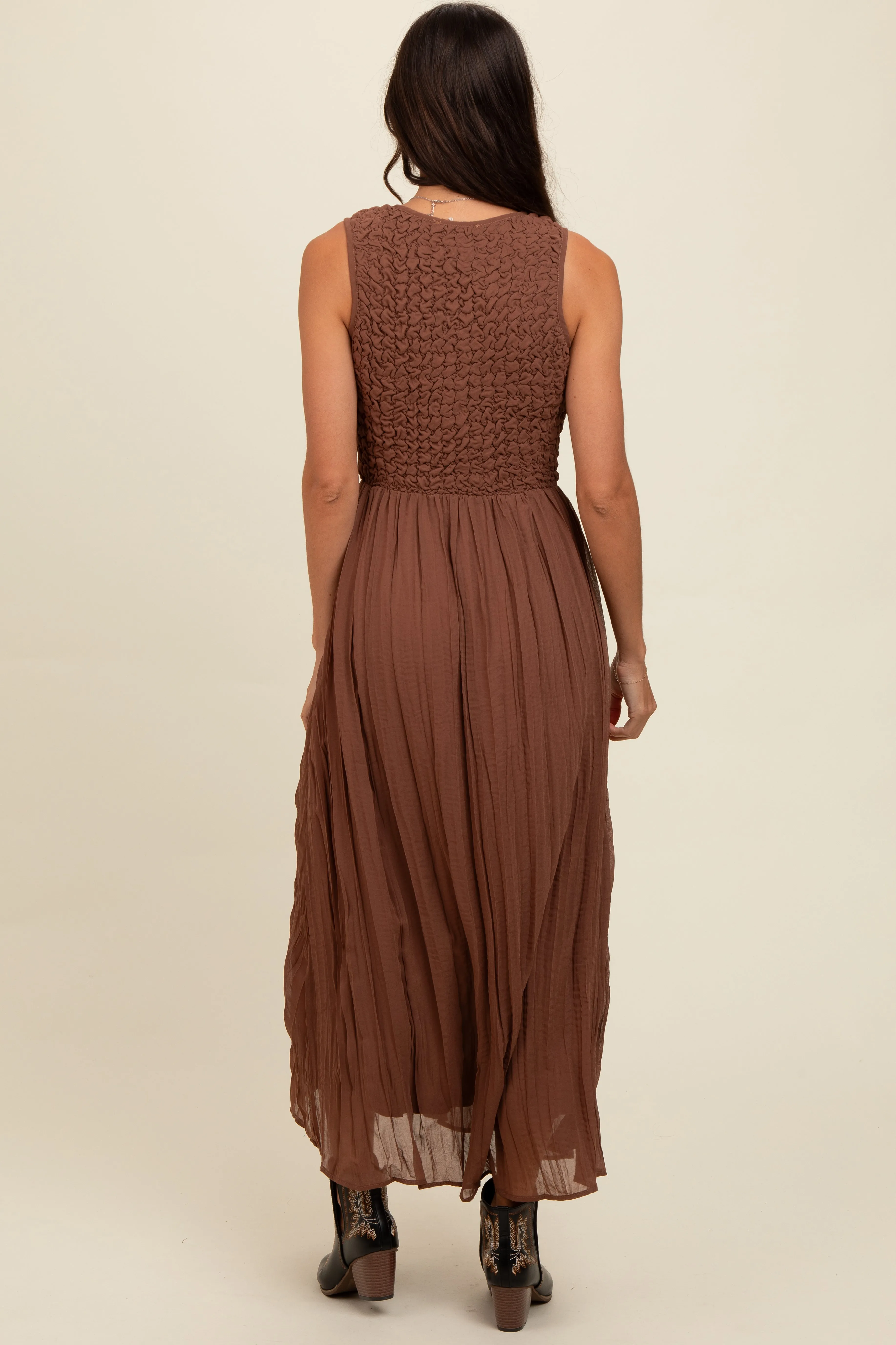 Mocha Textured Smocked Bodice Sleeveless Maxi Dress sold by Pinkblush product image thumbnail 3