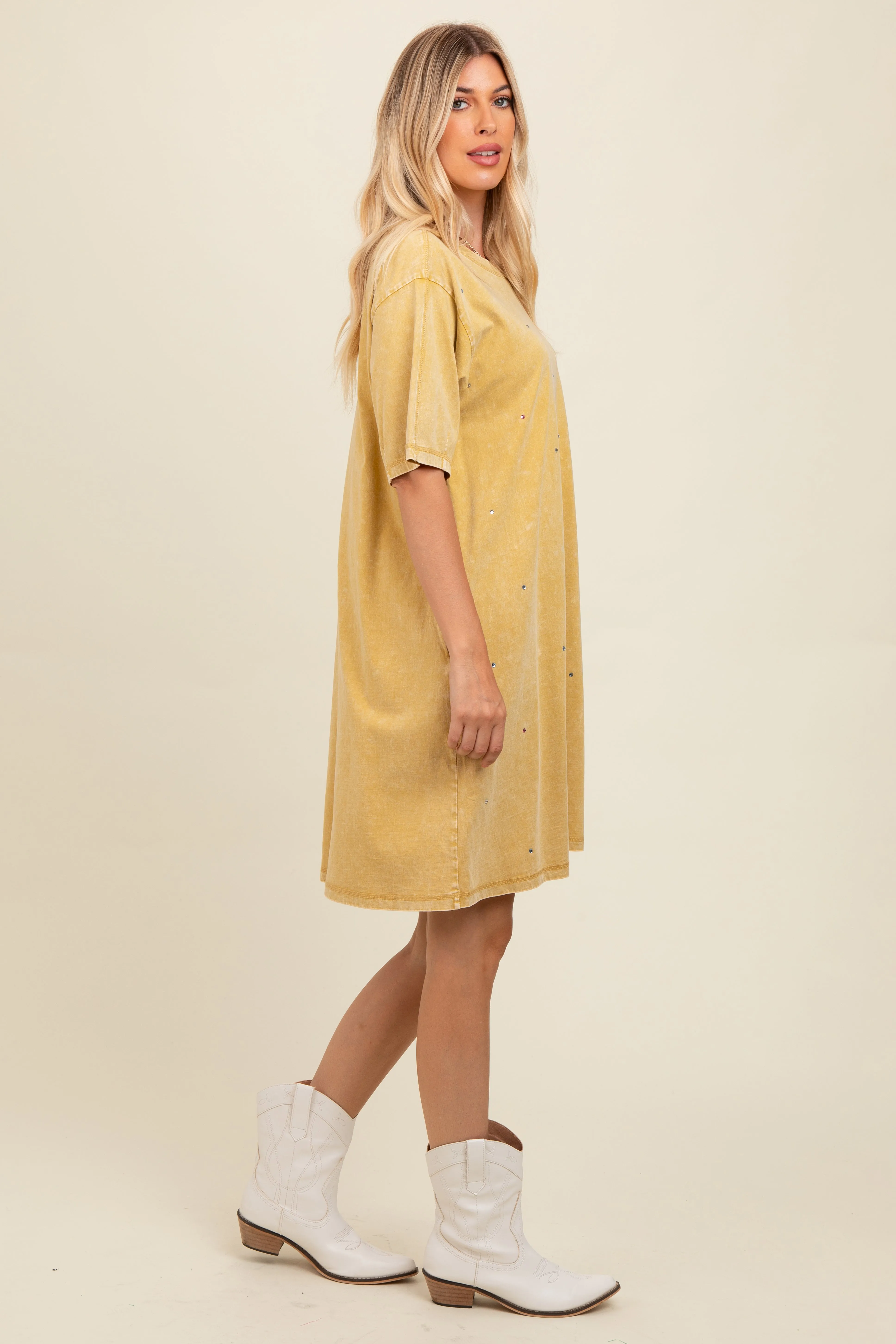 Yellow Rhinestone Mineral Washed T-Shirt Dress sold by Pinkblush product image thumbnail 3