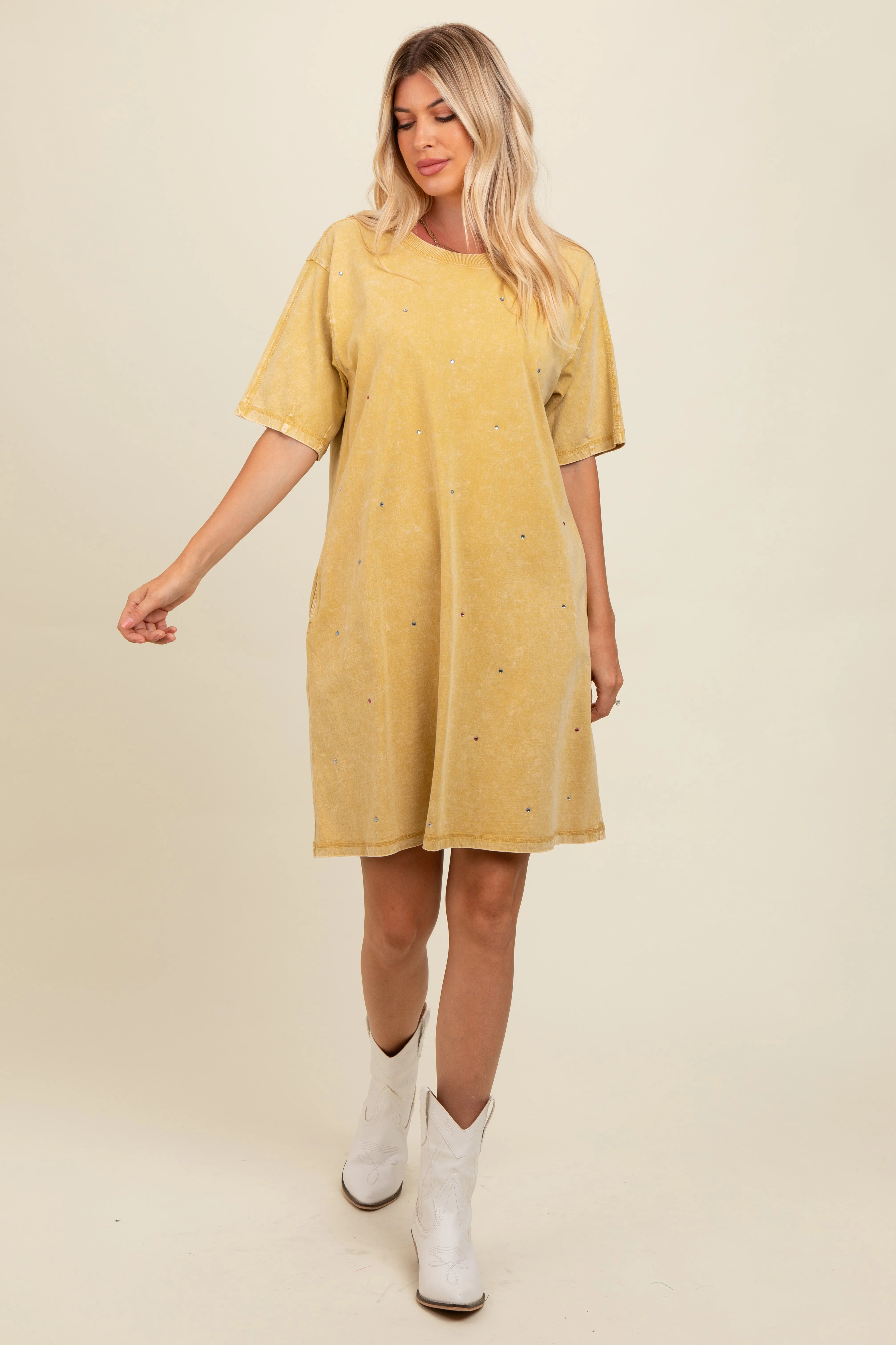 Yellow Rhinestone Mineral Washed T-Shirt Dress sold by Pinkblush product image thumbnail 2