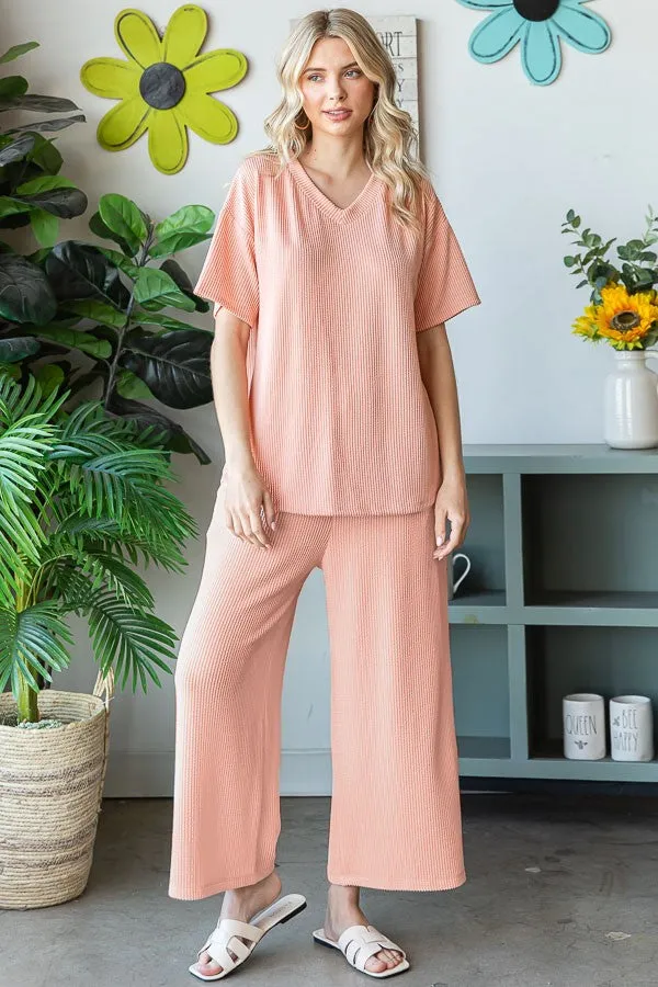 Peach Ribbed Short Sleeve Top Pajama Set sold by Pinkblush