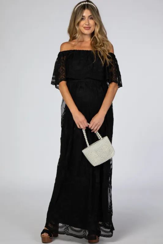 Black Lace Overlay Off Shoulder Flounce Maternity Maxi Dress sold by Pinkblush