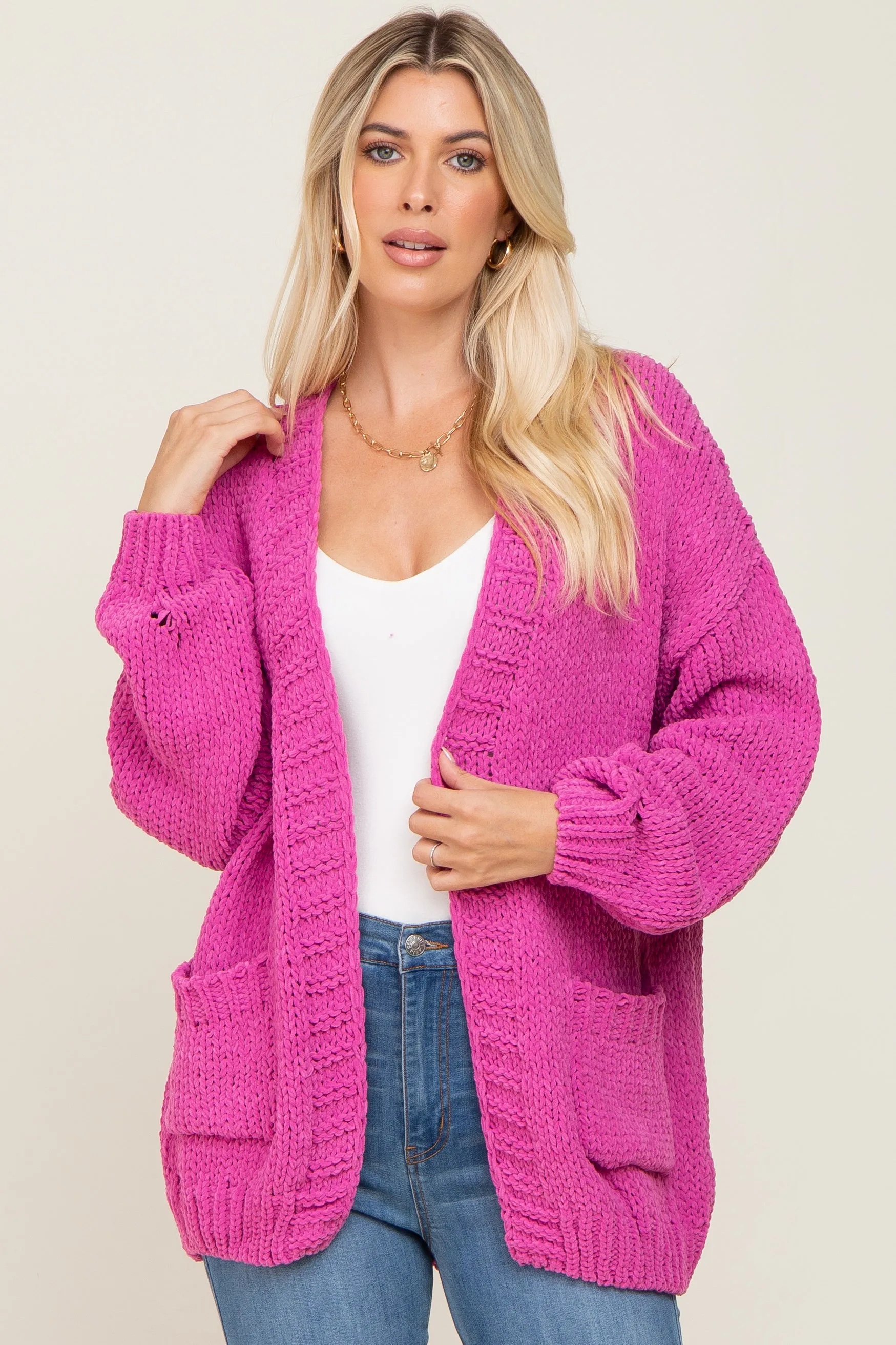 Fuchsia Oversized Bubble Sleeve Cardigan sold by Pinkblush