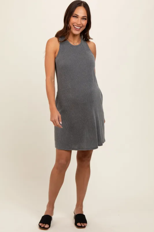 Charcoal Ribbed Sleeveless Pocketed Maternity Dress sold by Pinkblush