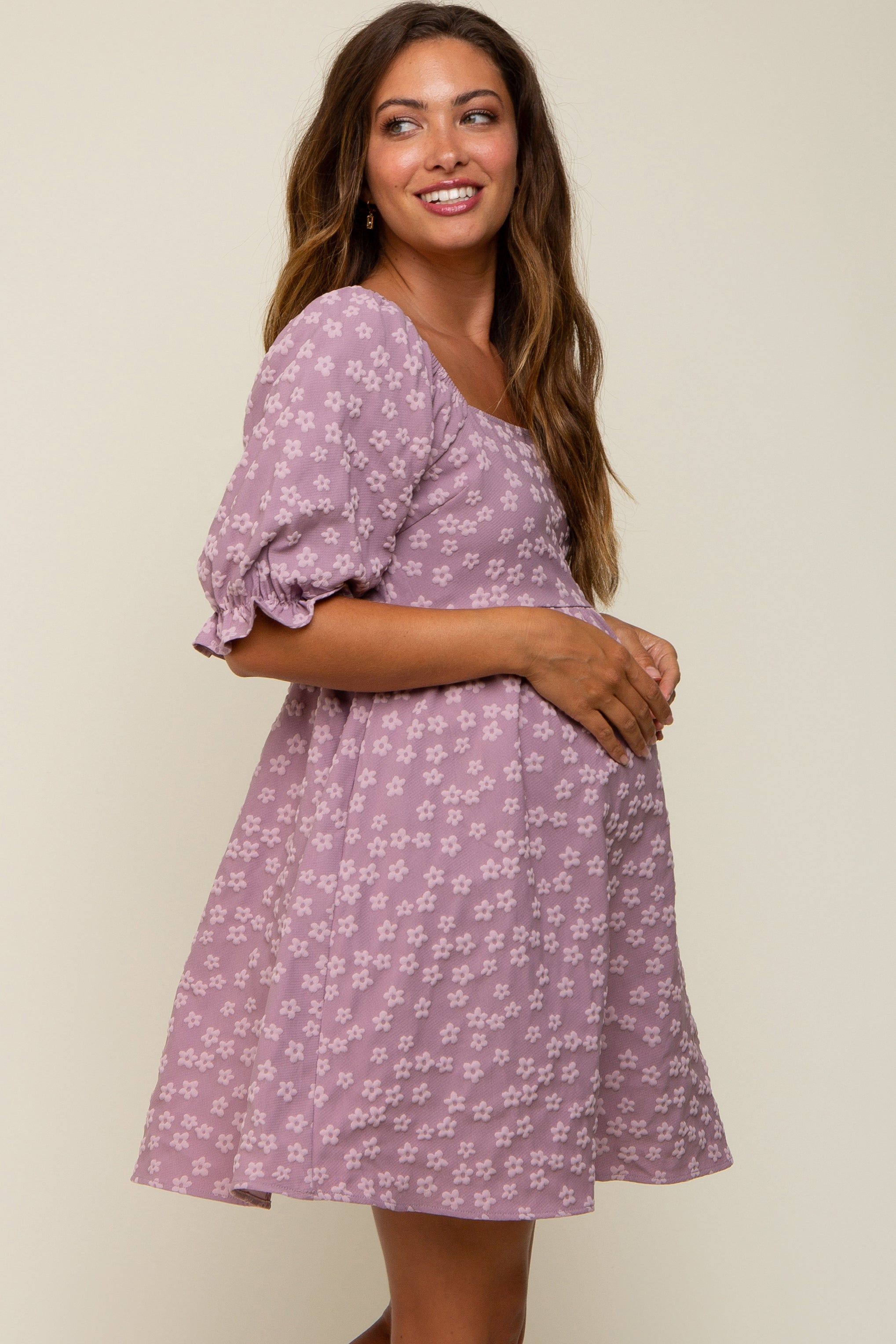 Lavender Floral Textured Square Neck Babydoll Maternity Dress sold by Pinkblush product image thumbnail 3