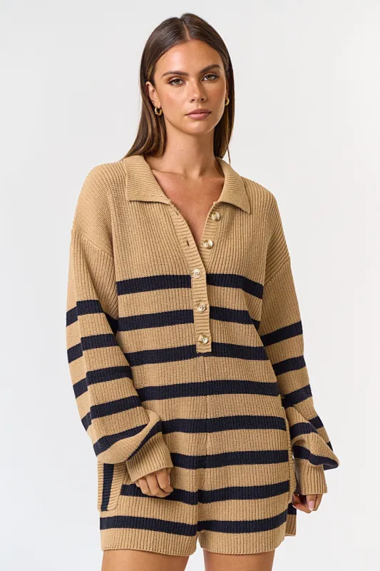 Beige Striped Button Up Collared Sweater Romper sold by Pinkblush