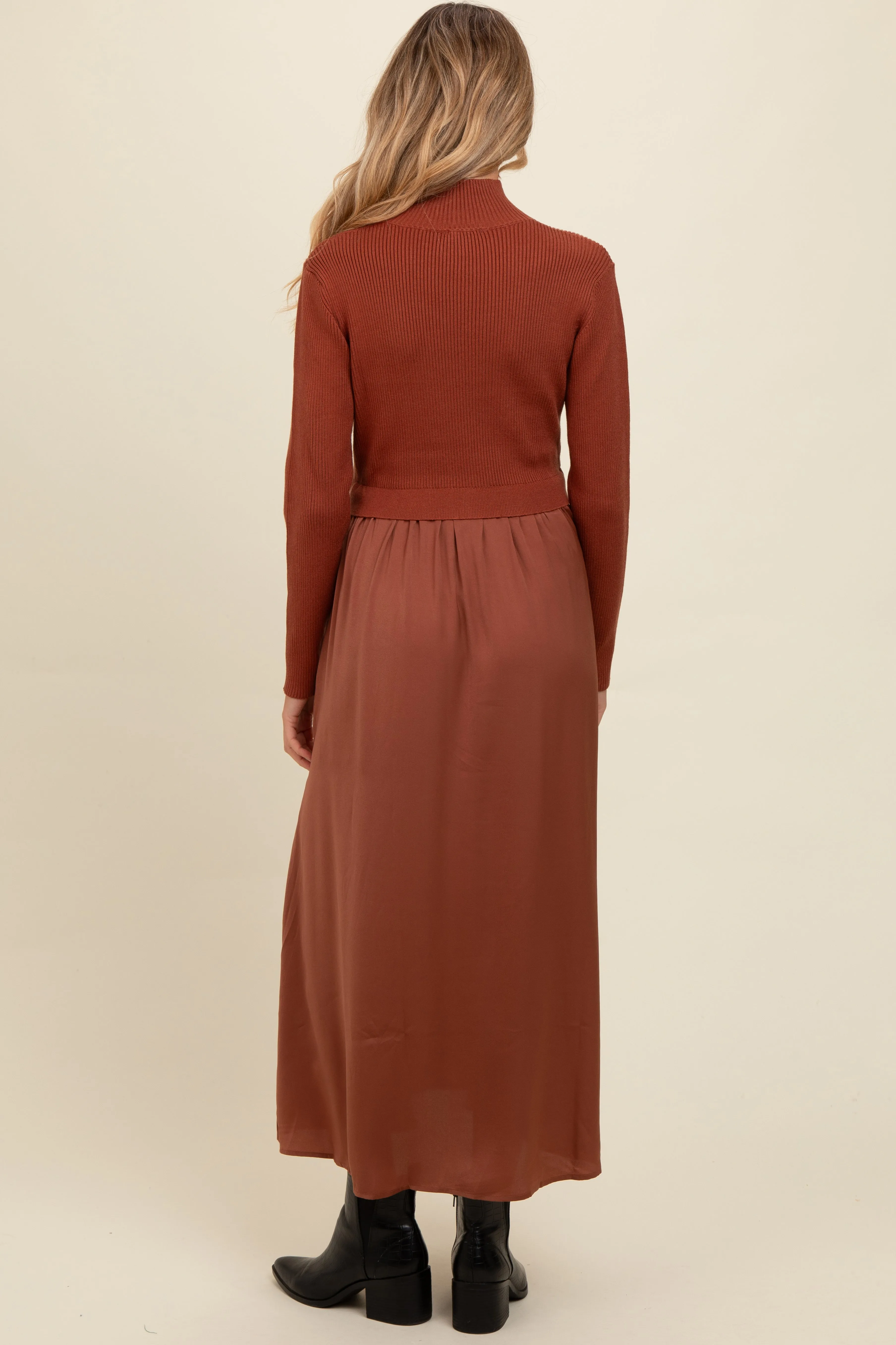 Brown Knit Contrast Top Satin Maternity Midi Dress sold by Pinkblush product image thumbnail 3