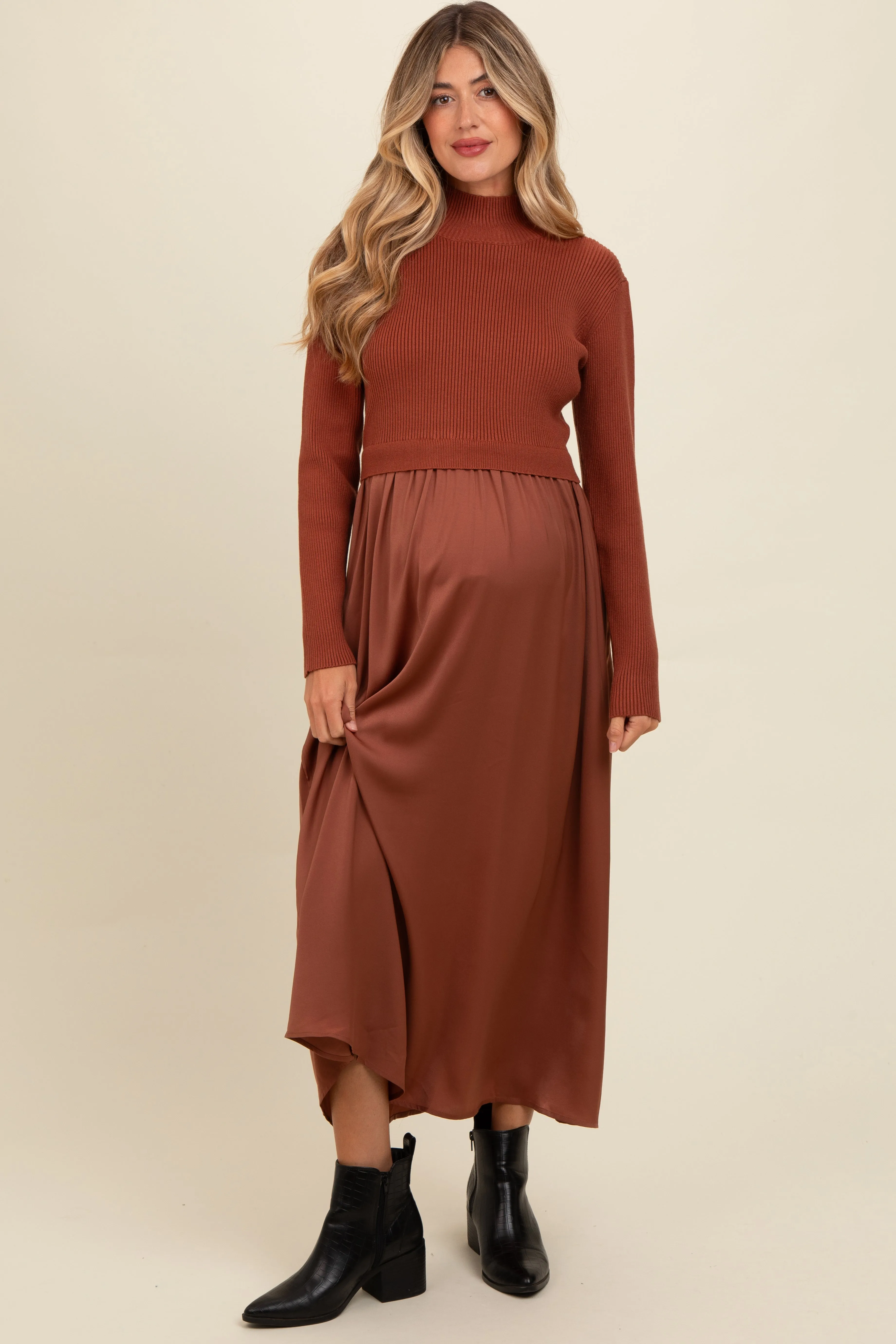 Brown Knit Contrast Top Satin Maternity Midi Dress sold by Pinkblush