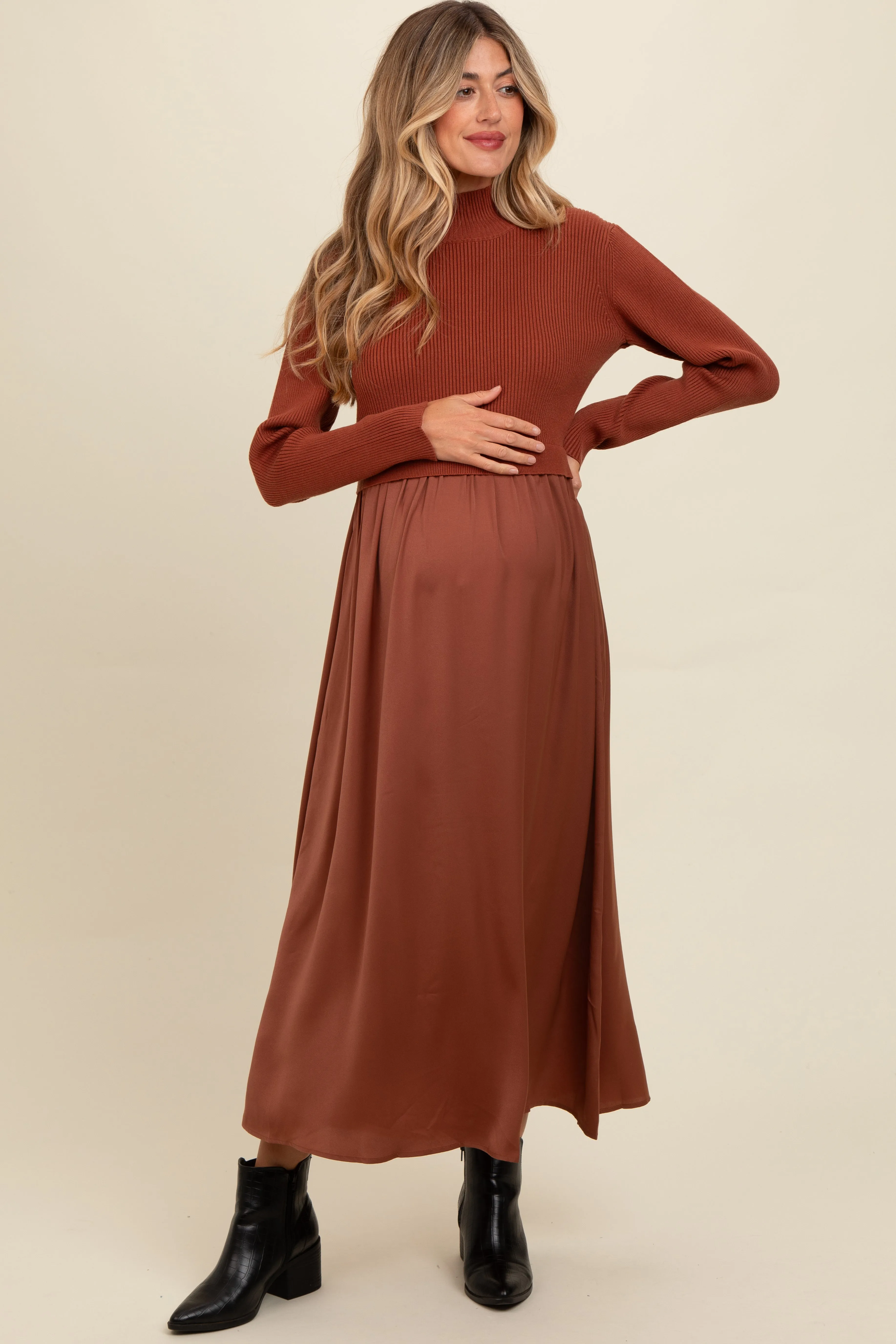 Brown Knit Contrast Top Satin Maternity Midi Dress sold by Pinkblush product image thumbnail 2