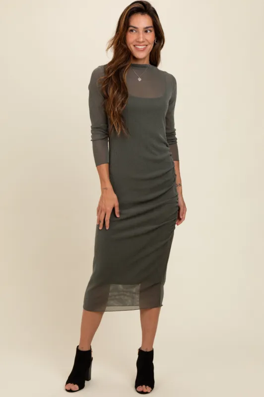 Olive Shimmer Mesh Long Sleeve Ruched Midi Dress sold by Pinkblush
