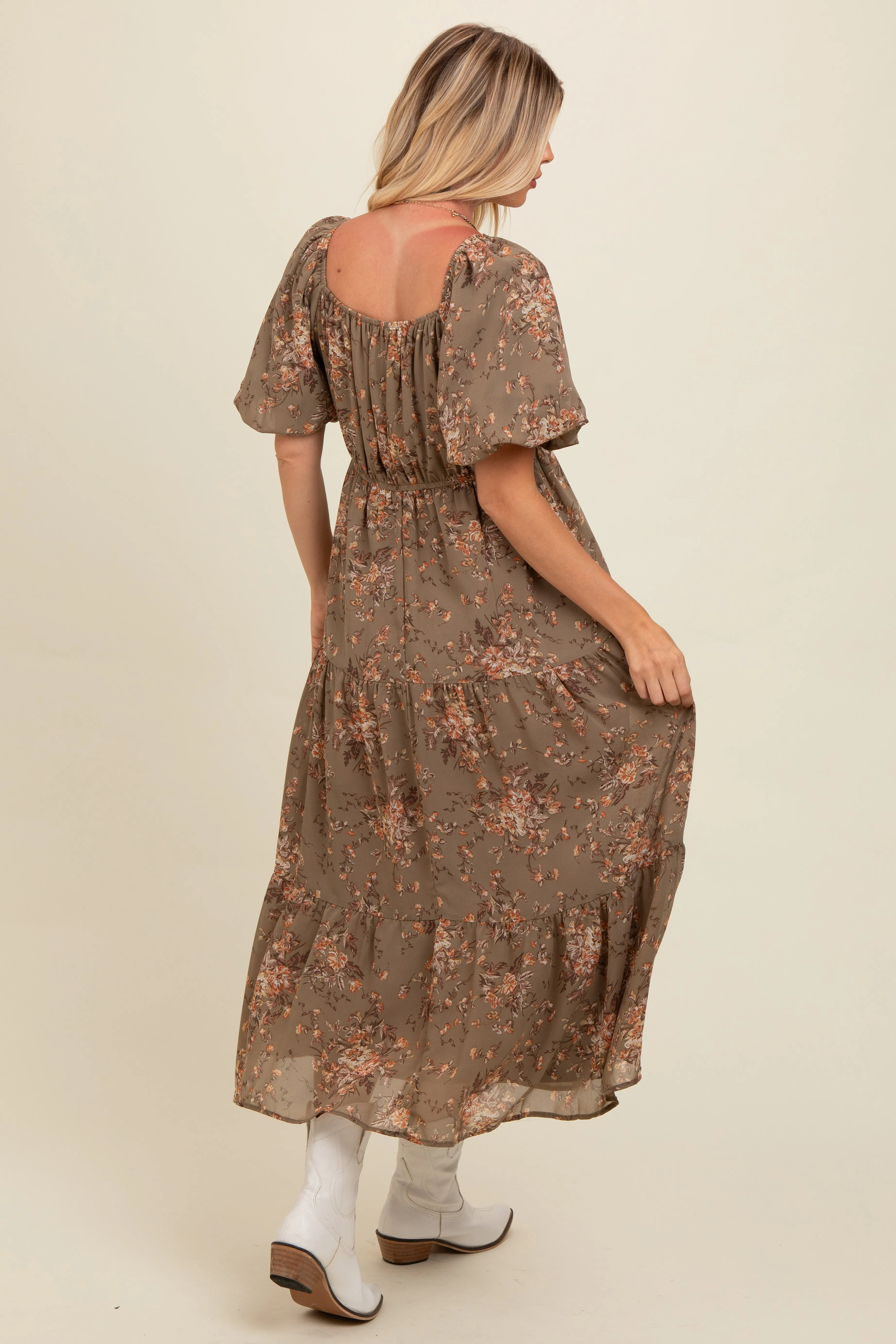 Olive Floral Tiered Puff Sleeve Maxi Dress sold by Pinkblush product image thumbnail 4