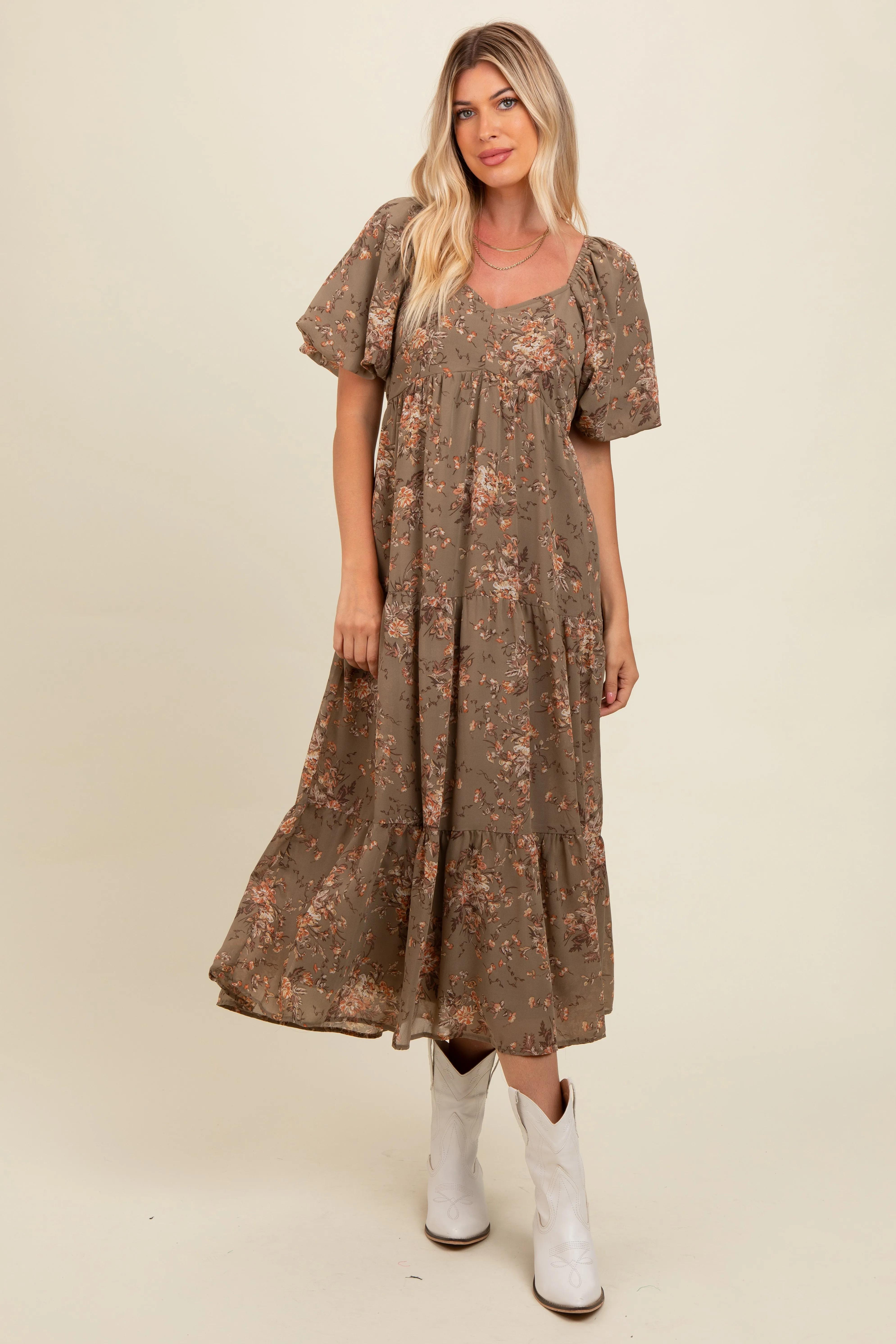Olive Floral Tiered Puff Sleeve Maxi Dress sold by Pinkblush