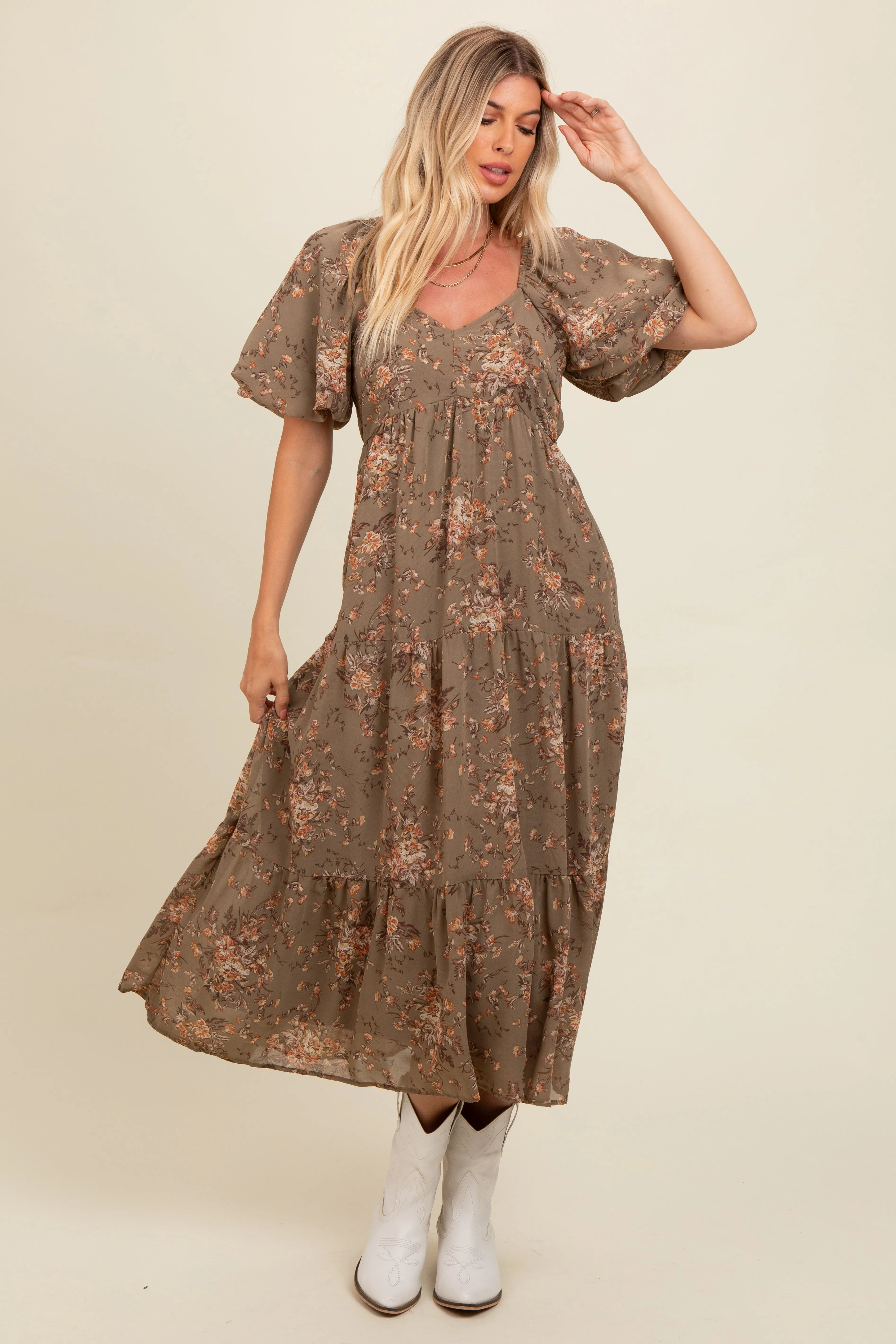 Olive Floral Tiered Puff Sleeve Maxi Dress sold by Pinkblush product image thumbnail 2