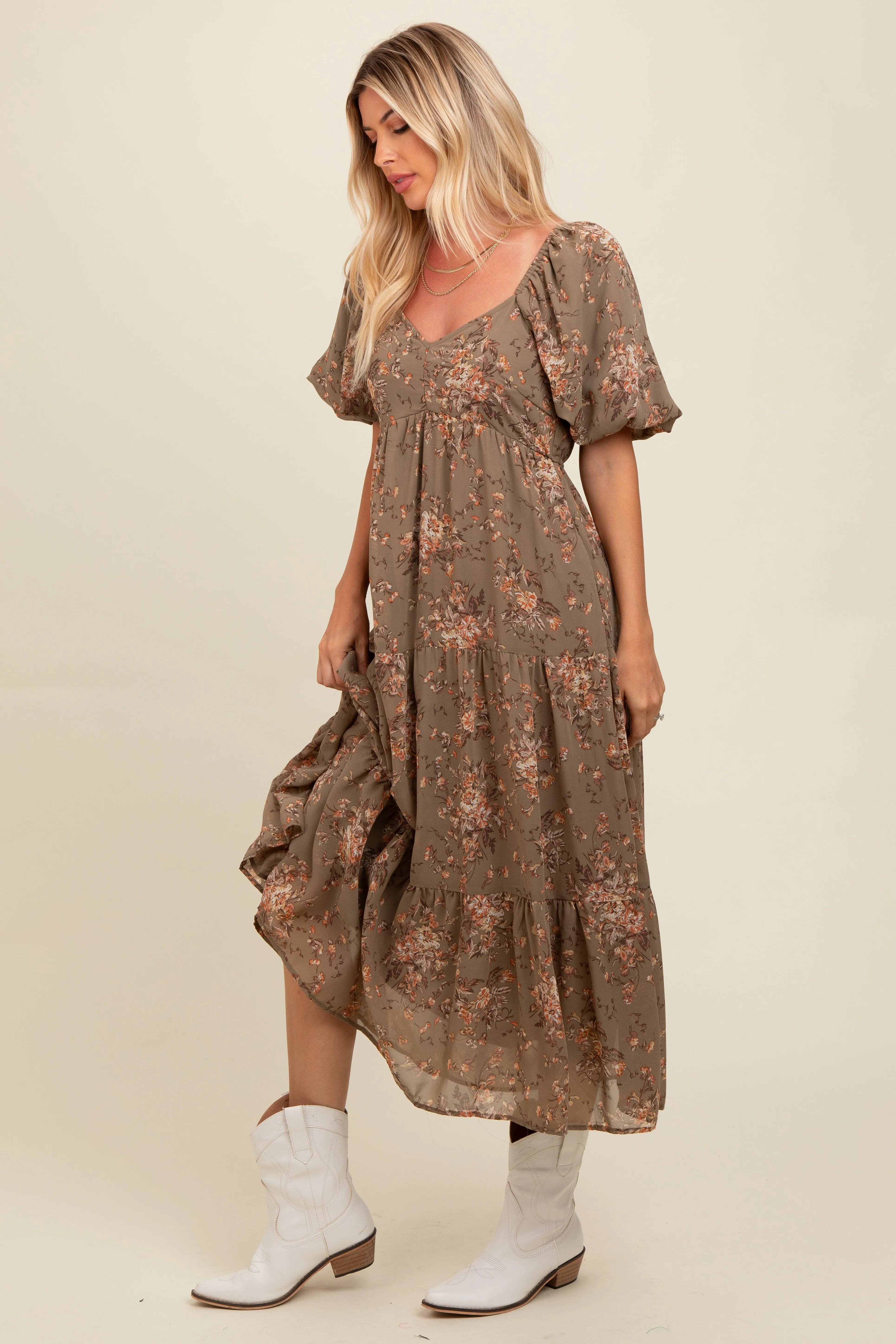 Olive Floral Tiered Puff Sleeve Maxi Dress sold by Pinkblush product image thumbnail 3