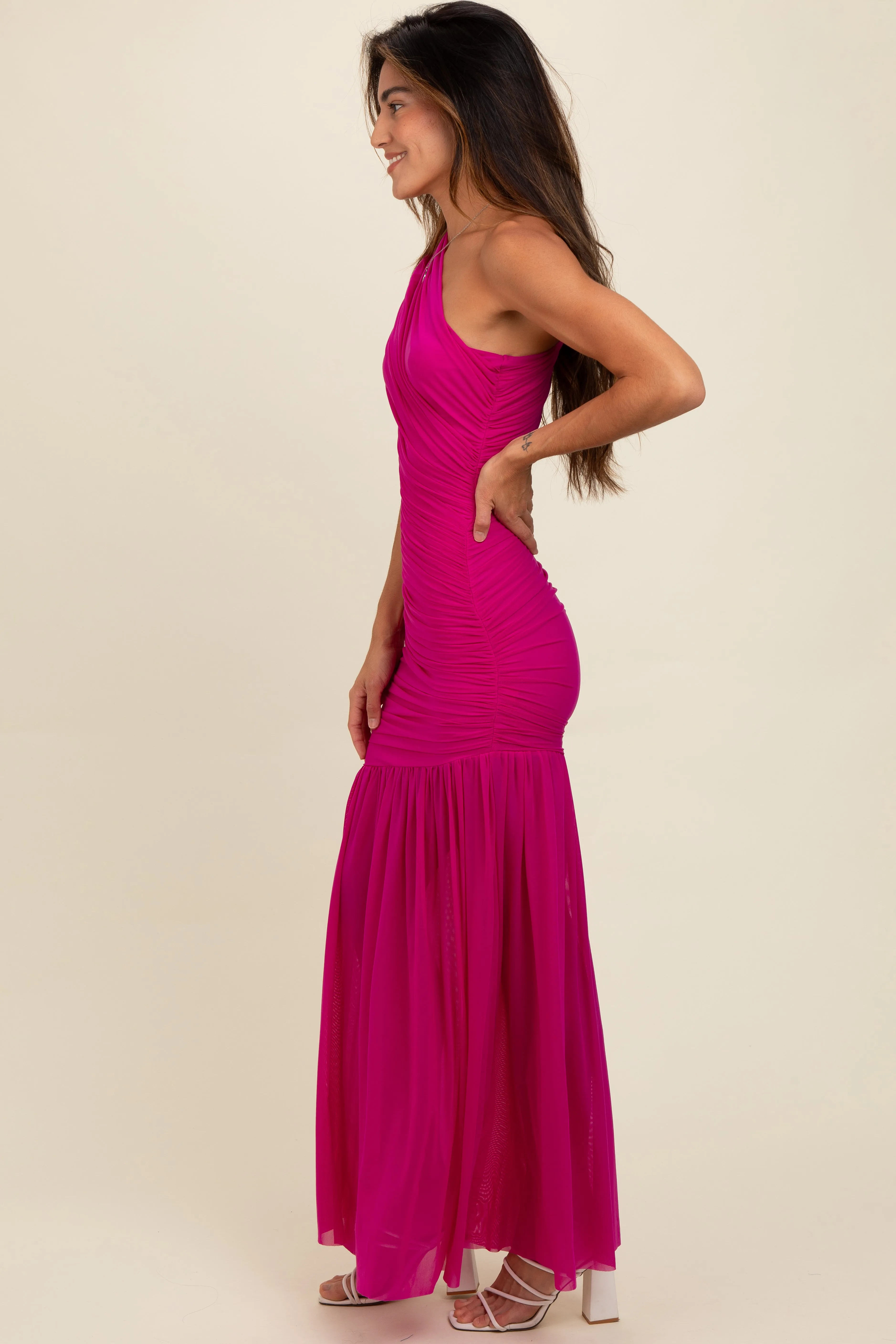 Magenta Ruched Mesh One Shoulder Maxi Dress sold by Pinkblush product image thumbnail 3