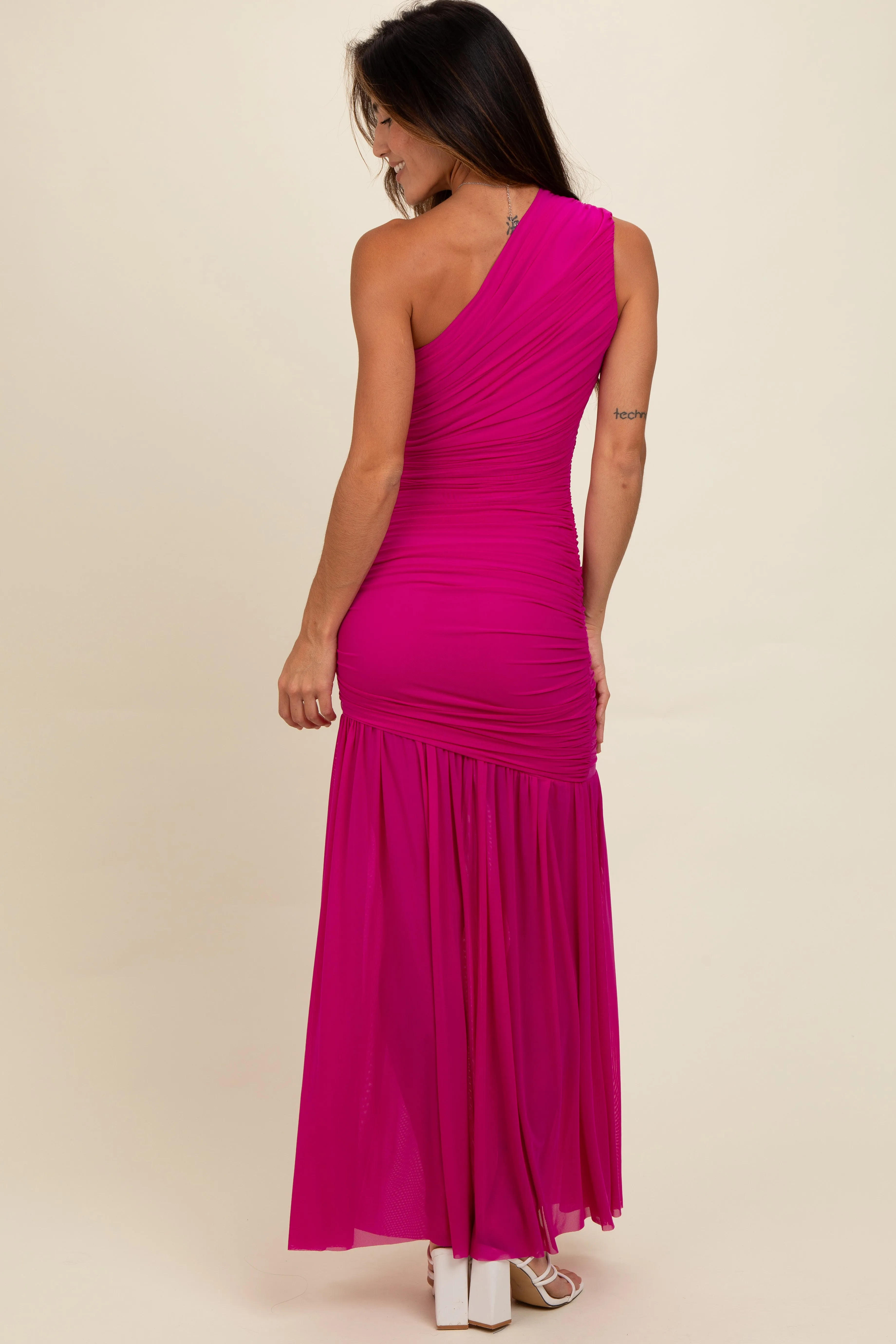 Magenta Ruched Mesh One Shoulder Maxi Dress sold by Pinkblush product image thumbnail 4
