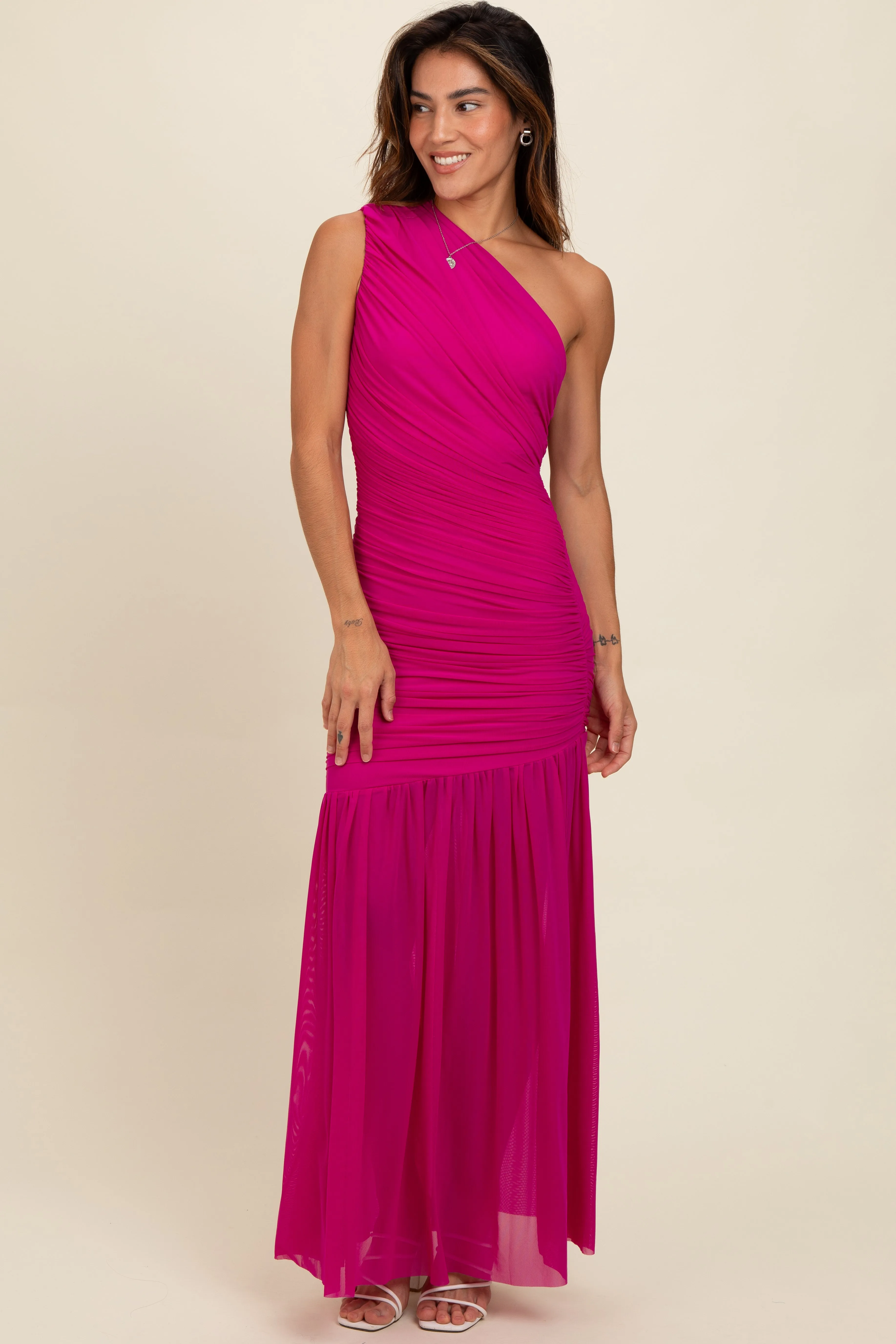 Magenta Ruched Mesh One Shoulder Maxi Dress sold by Pinkblush