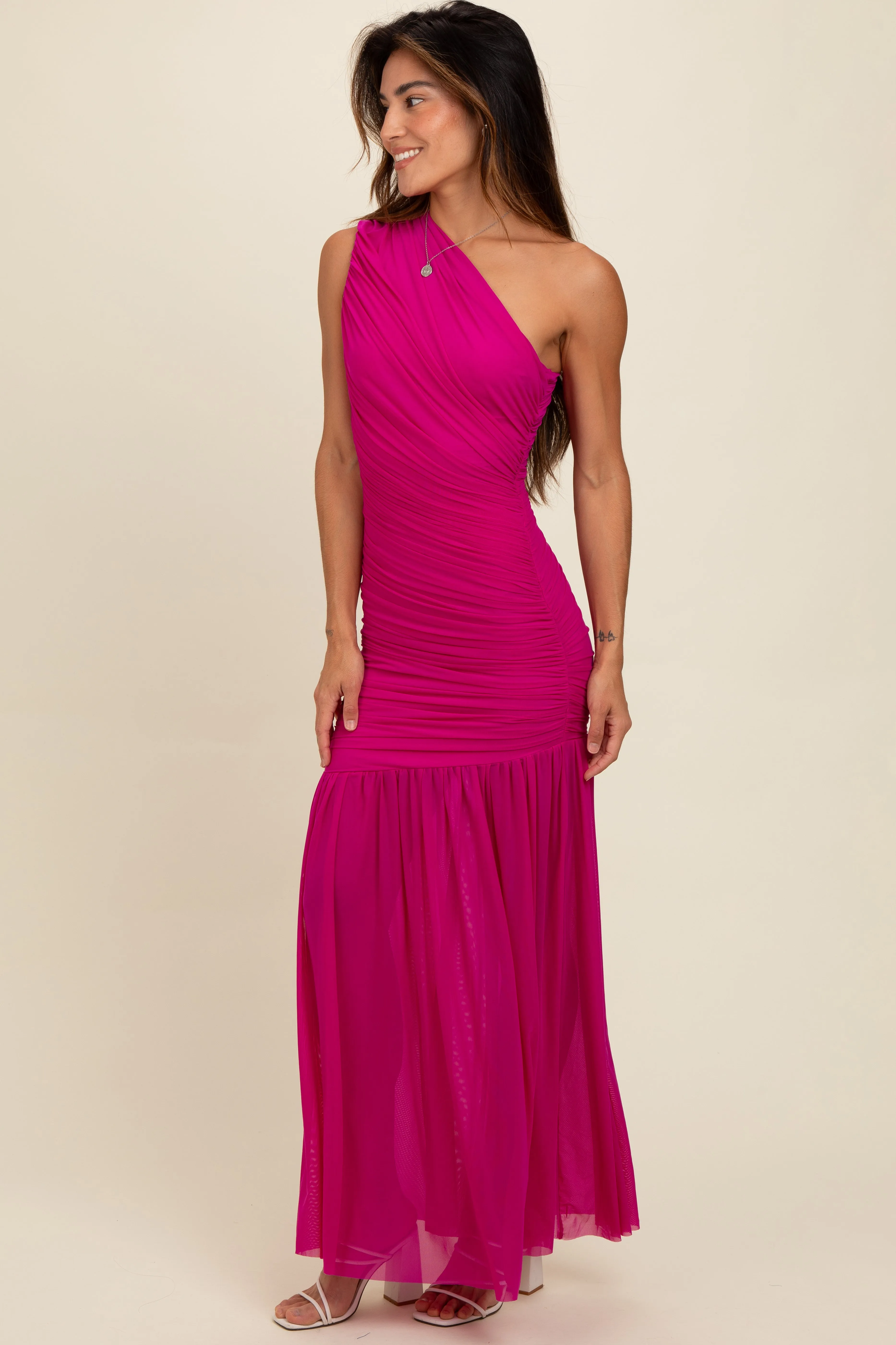 Magenta Ruched Mesh One Shoulder Maxi Dress sold by Pinkblush product image thumbnail 2