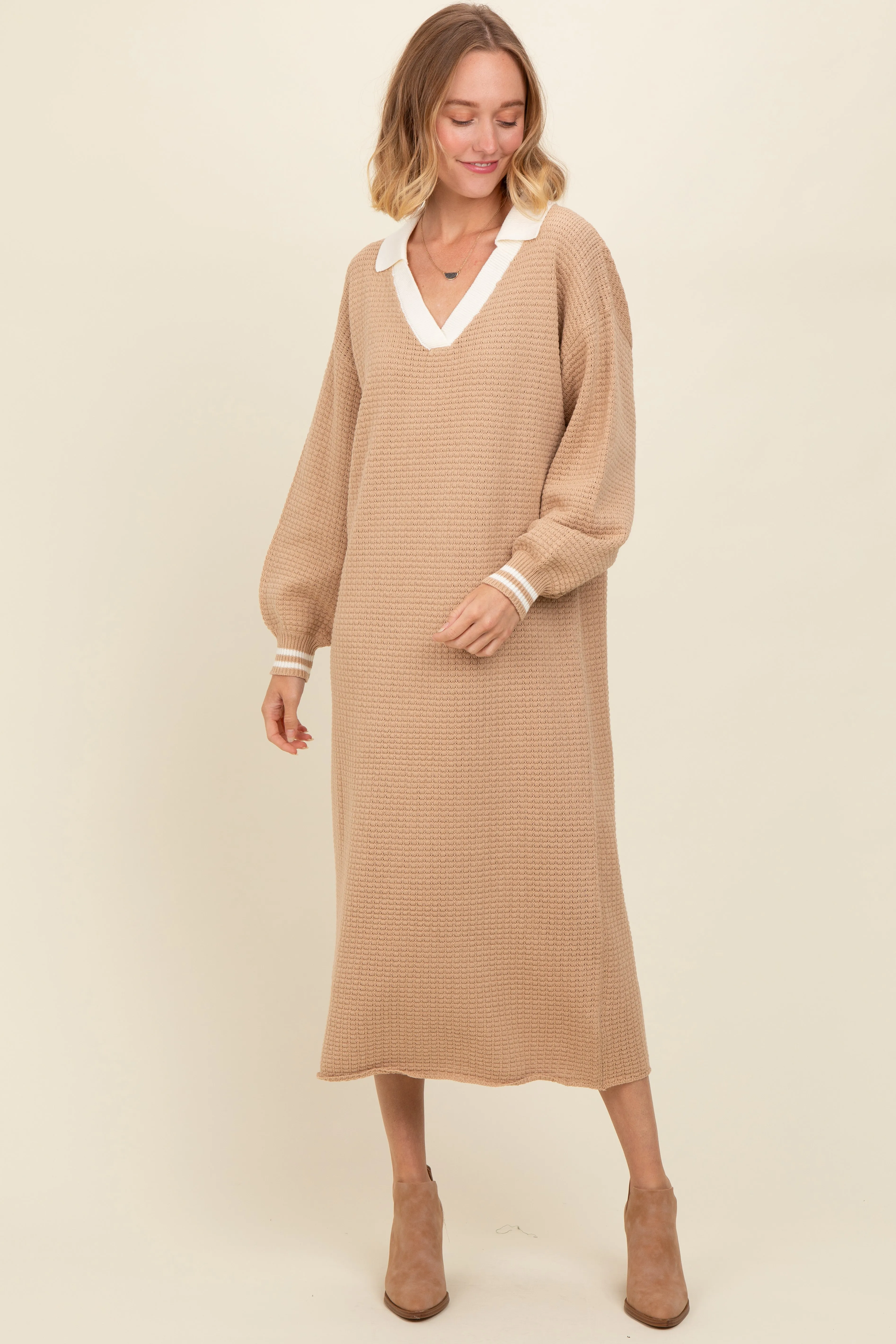 Light Taupe Waffle Knit Polo Dress sold by Pinkblush product image thumbnail 4