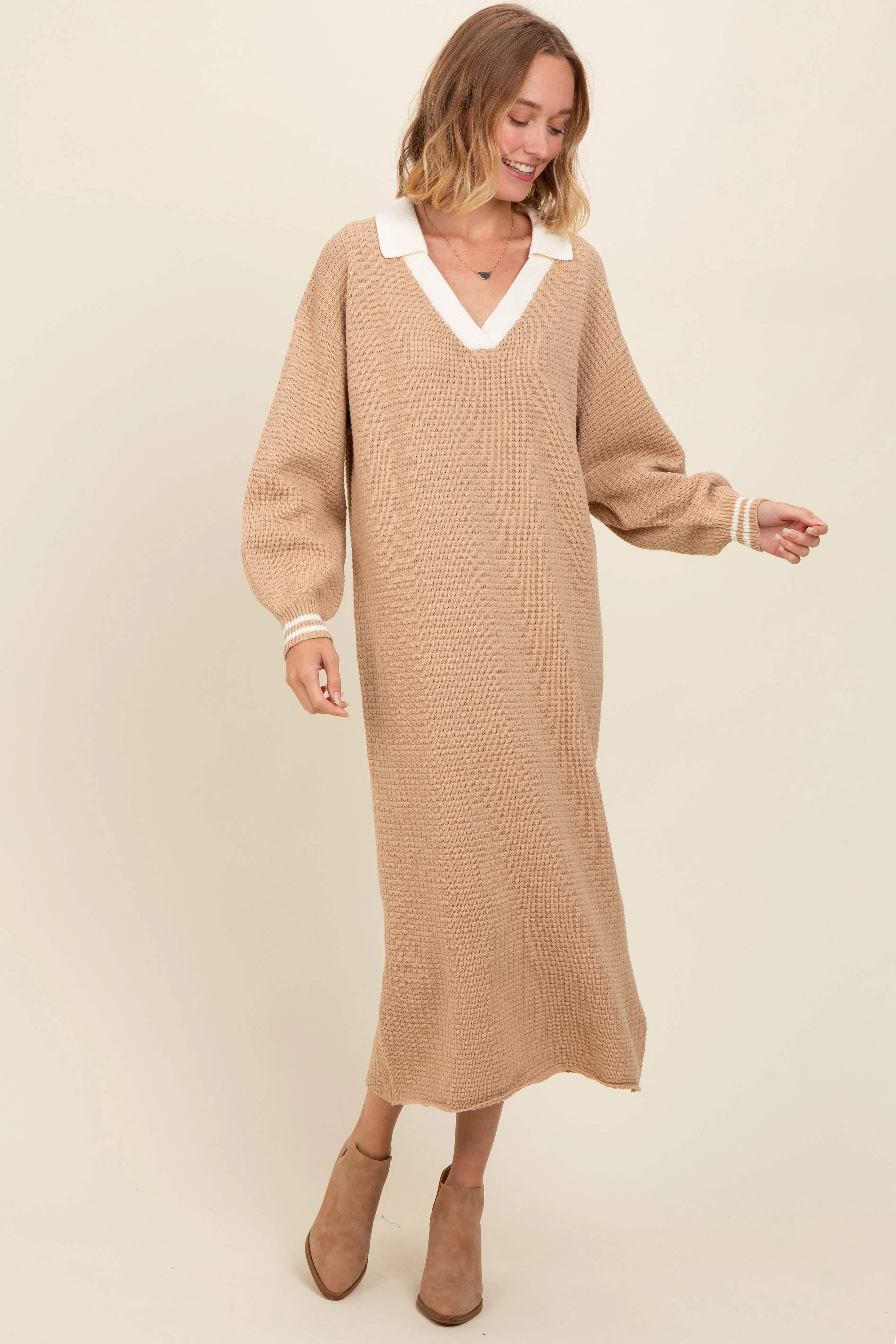 Light Taupe Waffle Knit Polo Dress sold by Pinkblush