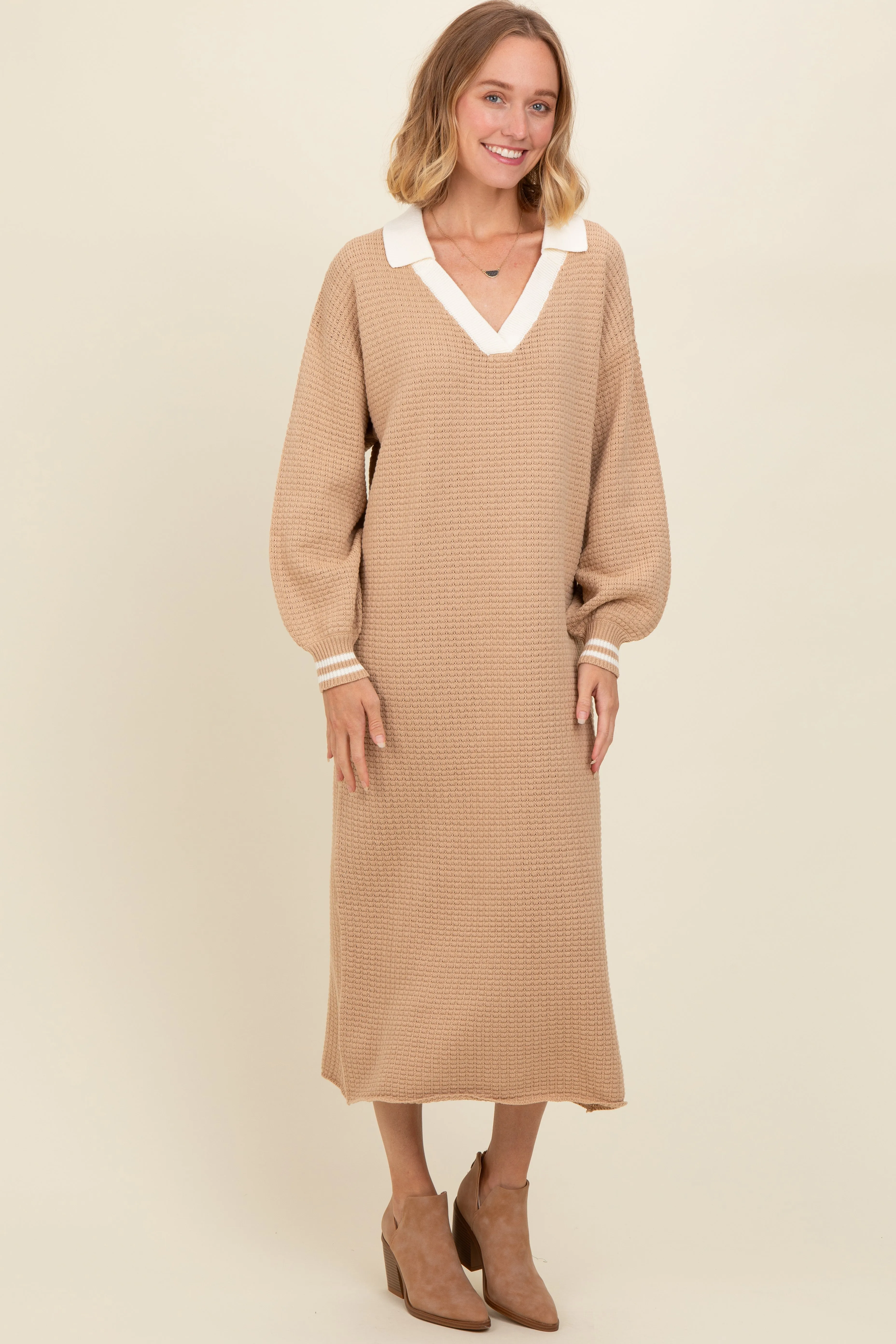 Light Taupe Waffle Knit Polo Dress sold by Pinkblush product image thumbnail 2