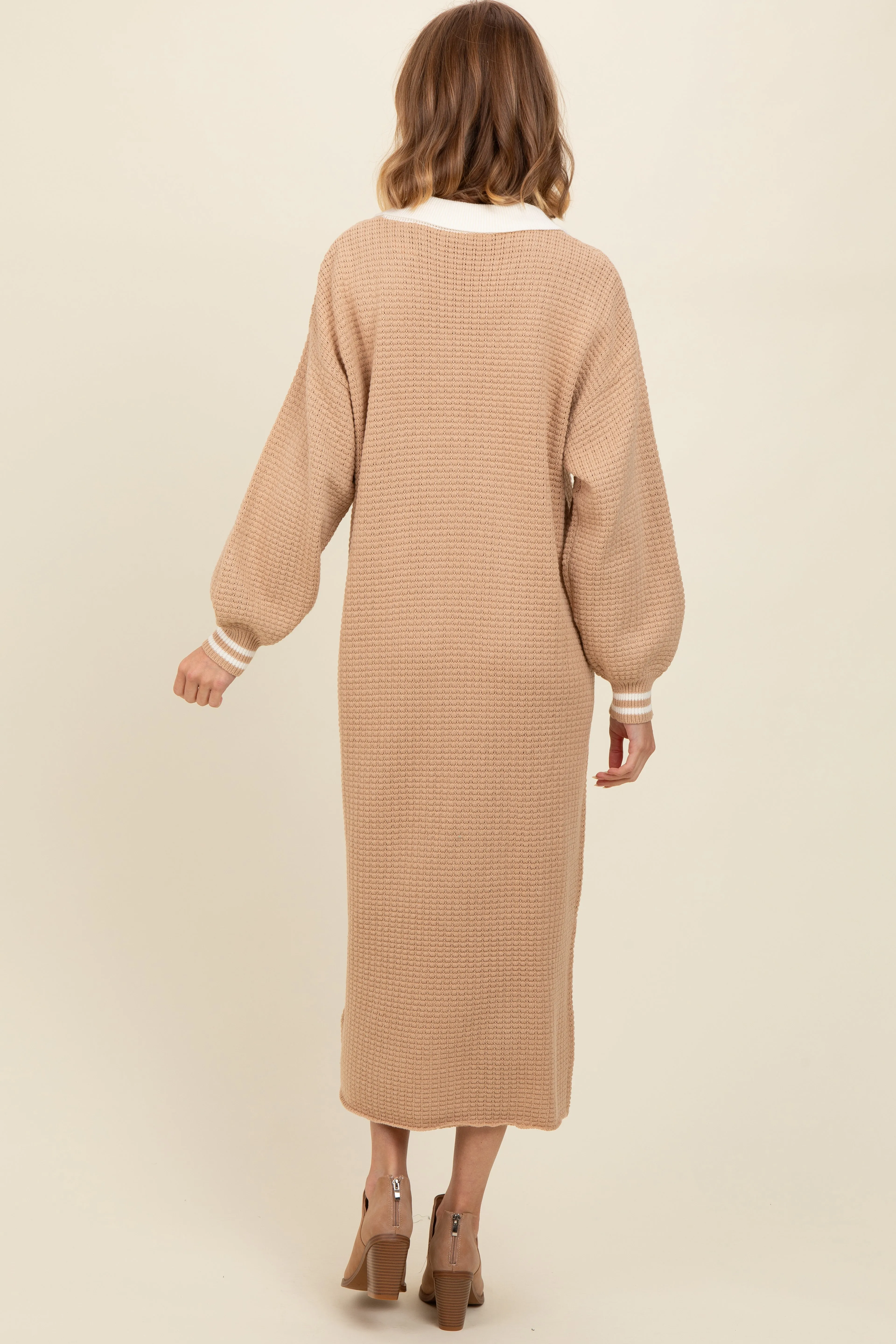 Light Taupe Waffle Knit Polo Dress sold by Pinkblush product image thumbnail 3