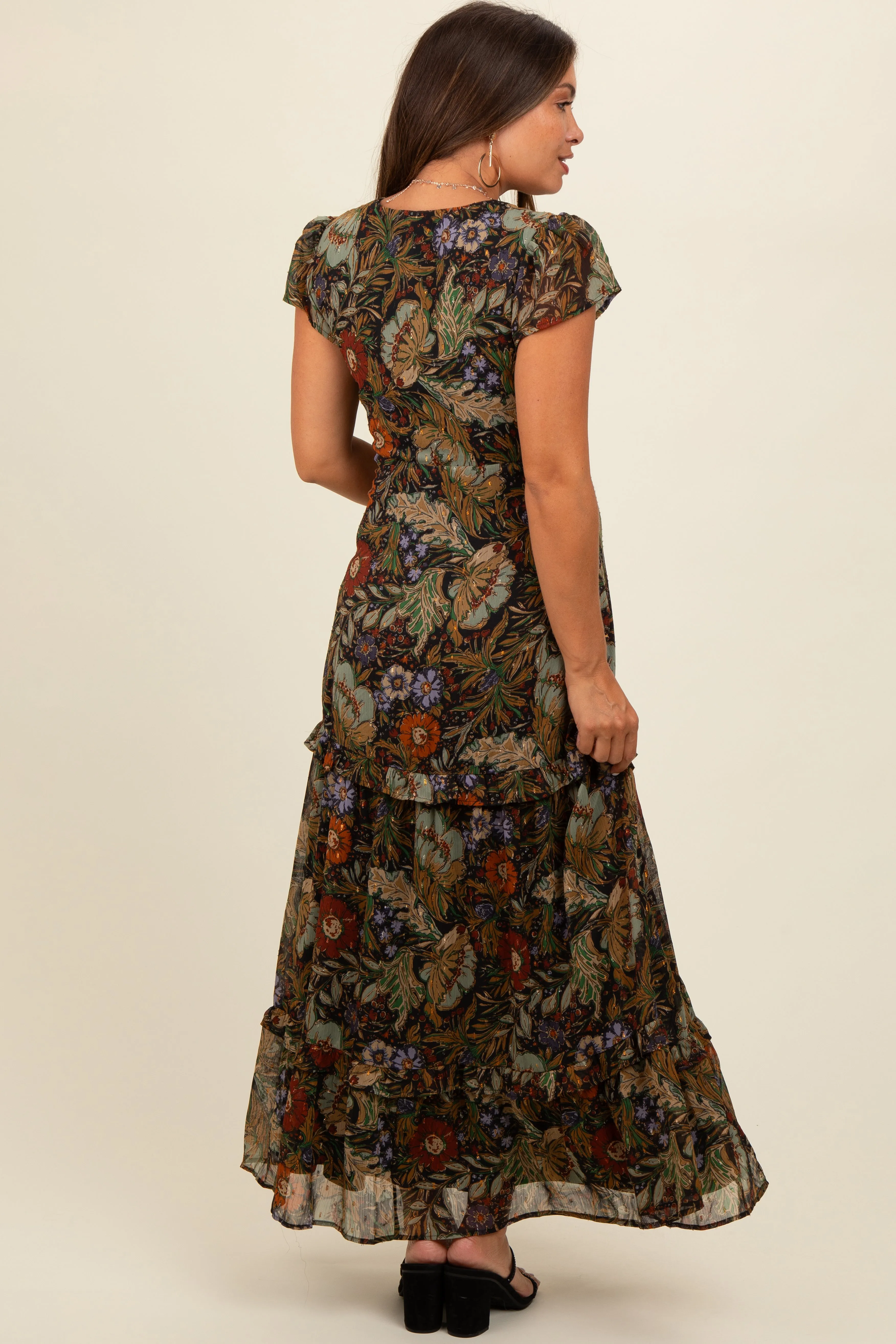 Black Floral Deep V-Neck Tiered Maternity Maxi Dress sold by Pinkblush product image thumbnail 3