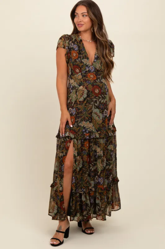 Black Floral Deep V-Neck Tiered Maternity Maxi Dress sold by Pinkblush