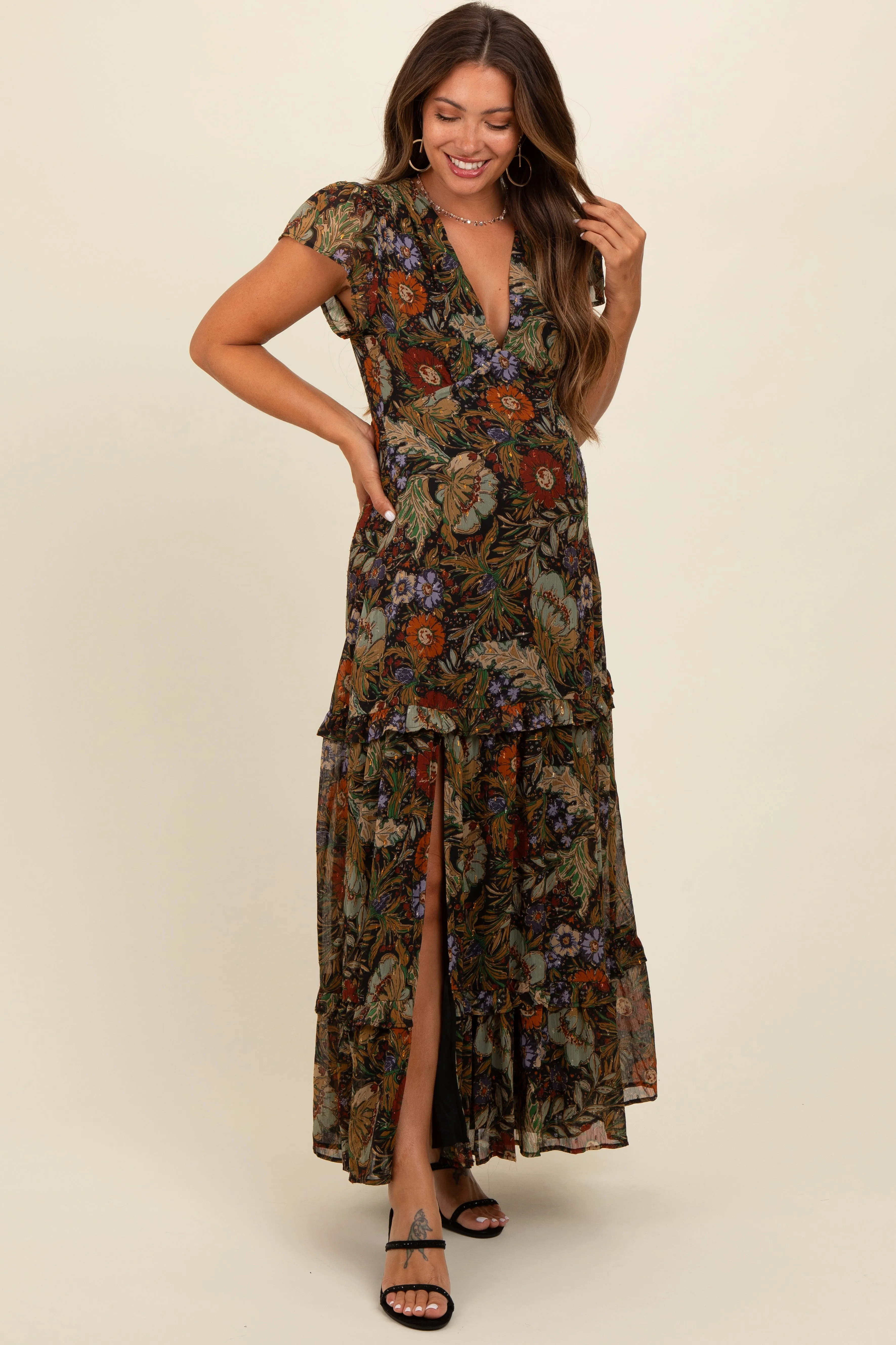 Black Floral Deep V-Neck Tiered Maternity Maxi Dress sold by Pinkblush product image thumbnail 2