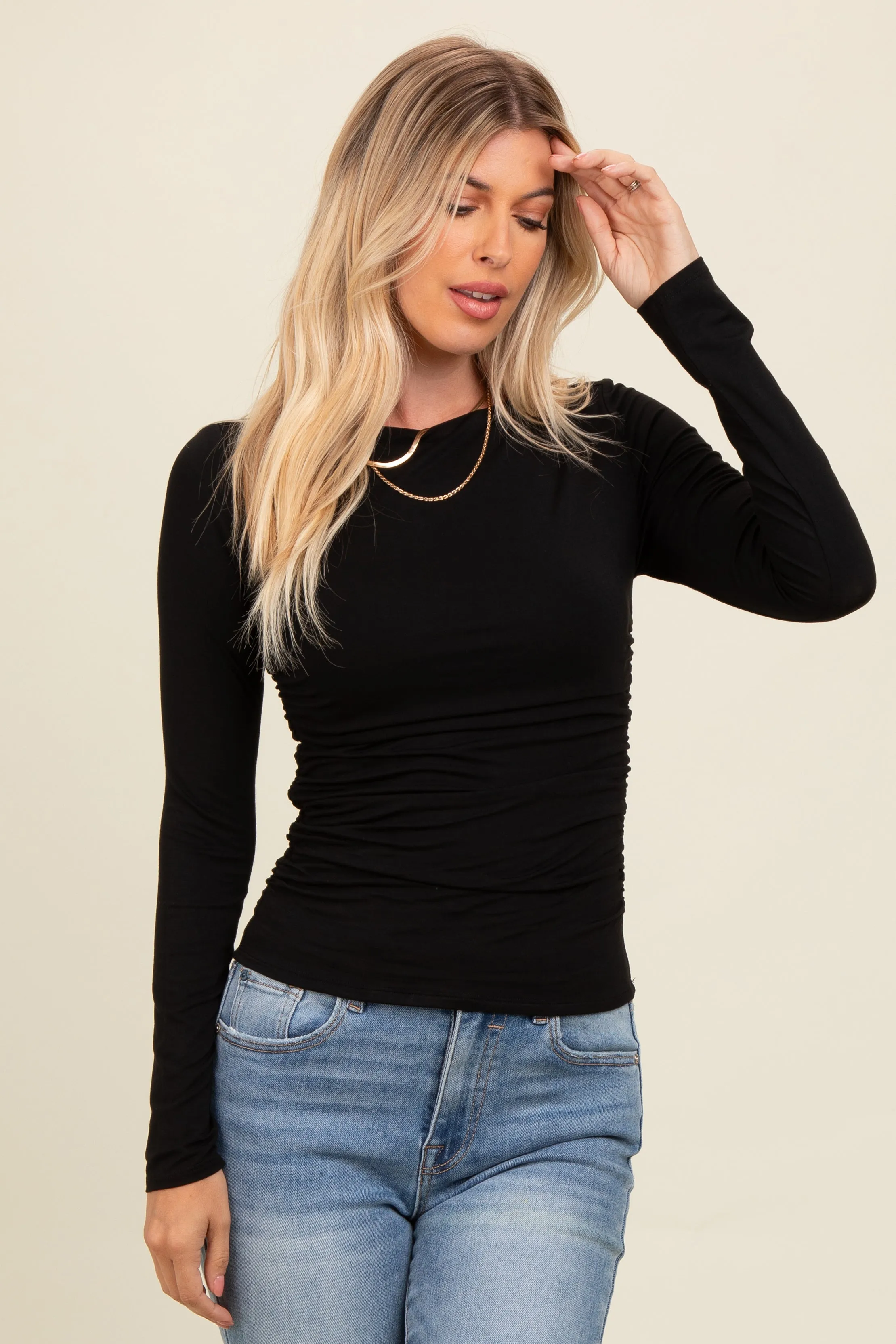 Black Ruched Long Sleeve Top sold by Pinkblush