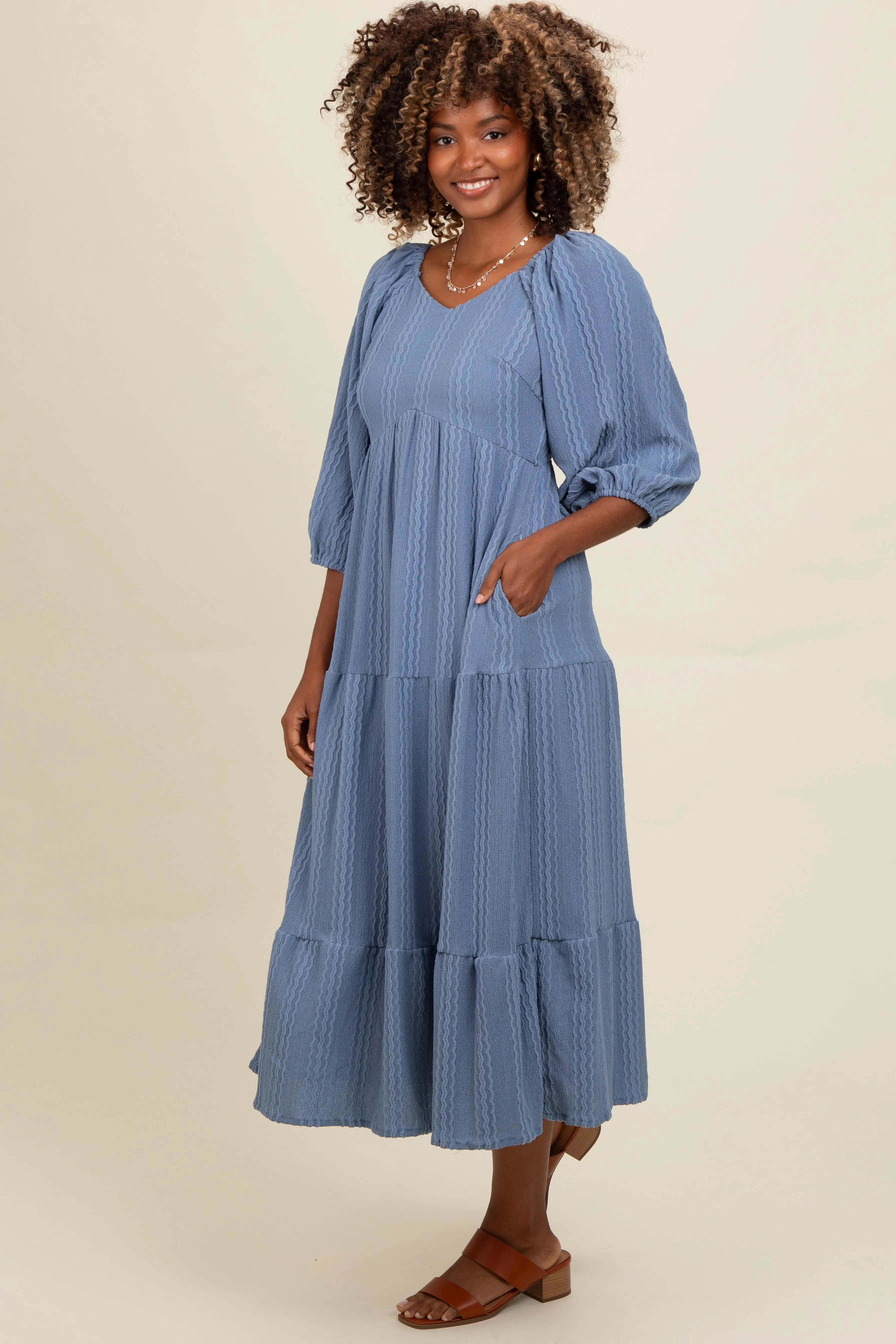 Blue Embroidered Tiered Midi Dress sold by Pinkblush product image thumbnail 2