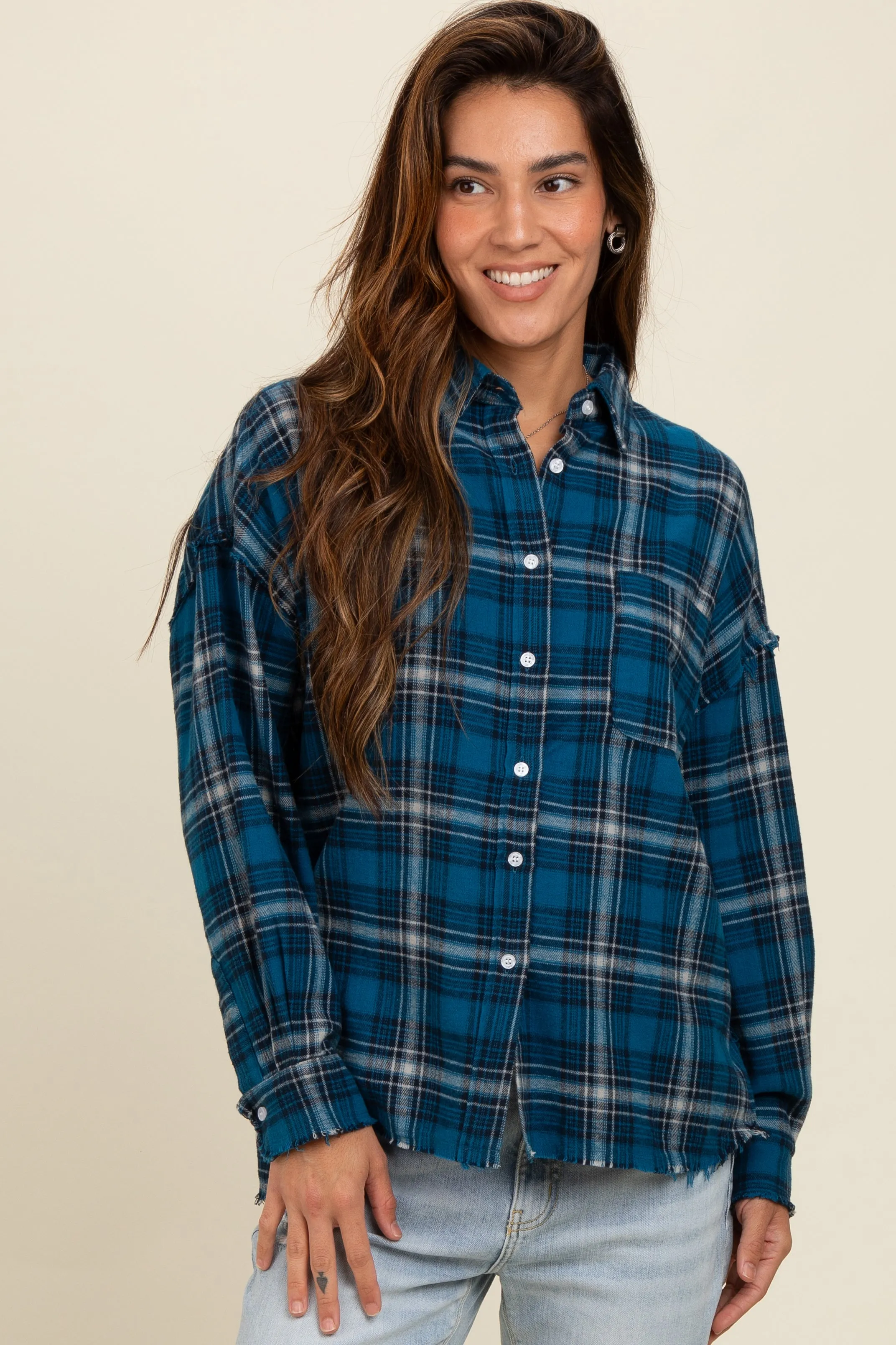 Navy Plaid Fringe Hem Shirt sold by Pinkblush