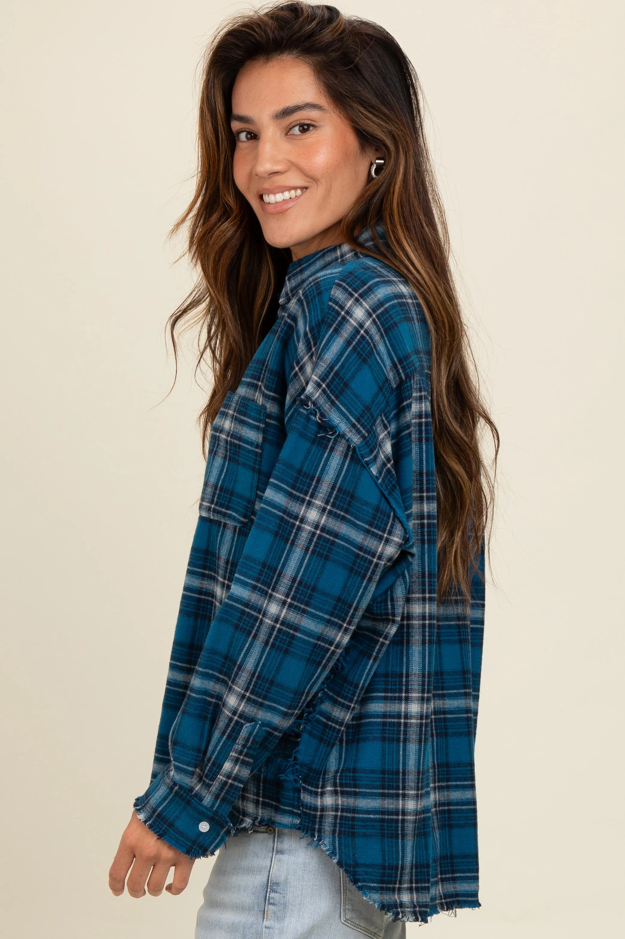 Navy Plaid Fringe Hem Shirt sold by Pinkblush product image thumbnail 3