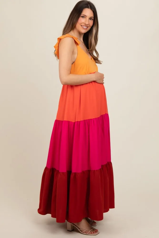 Orange Colorblock Tiered Ruffle Strap Maternity Maxi Dress sold by Pinkblush product image thumbnail 3